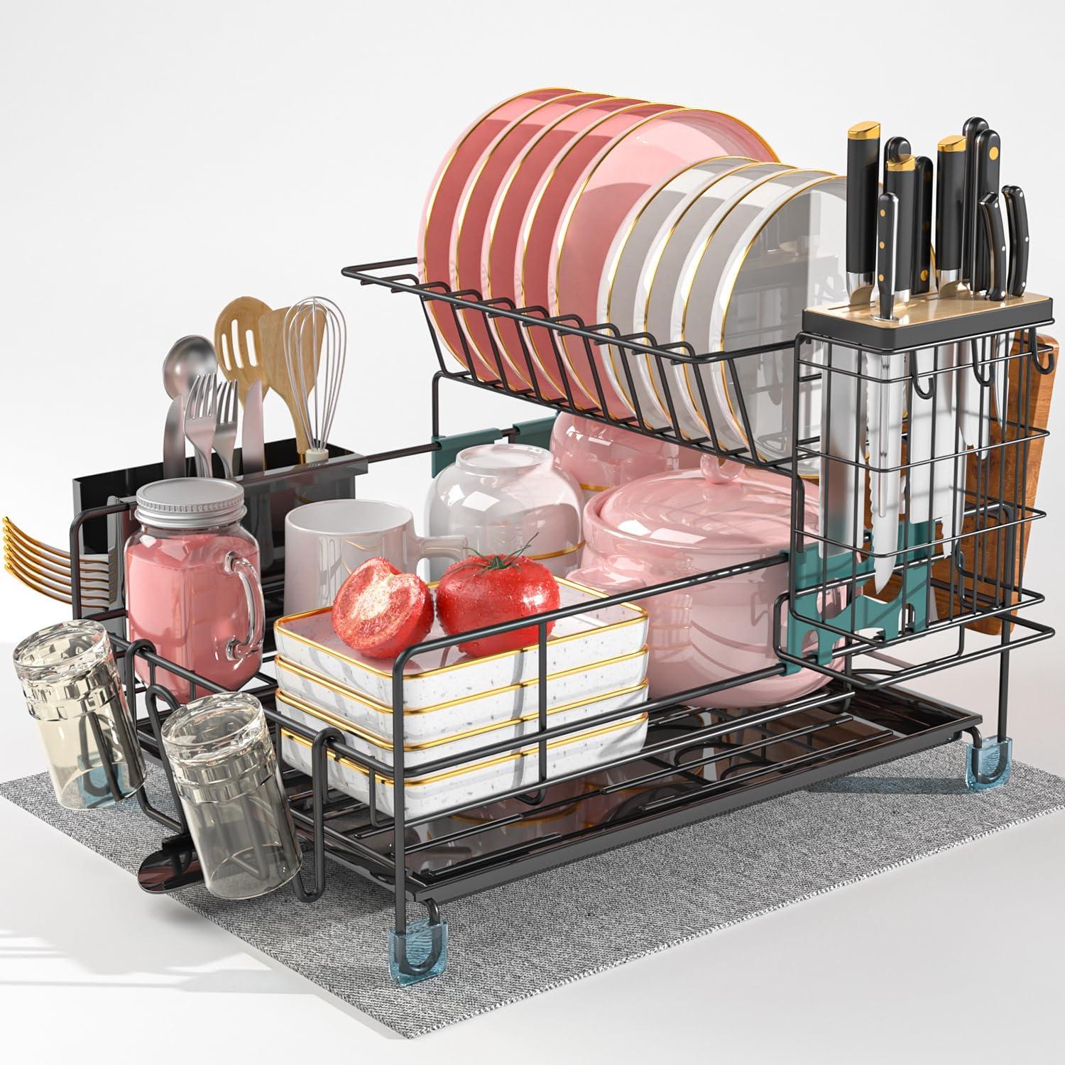 Large Capacity 2-Tier Stainless Steel Dish Drying Rack With Rustproof Finish