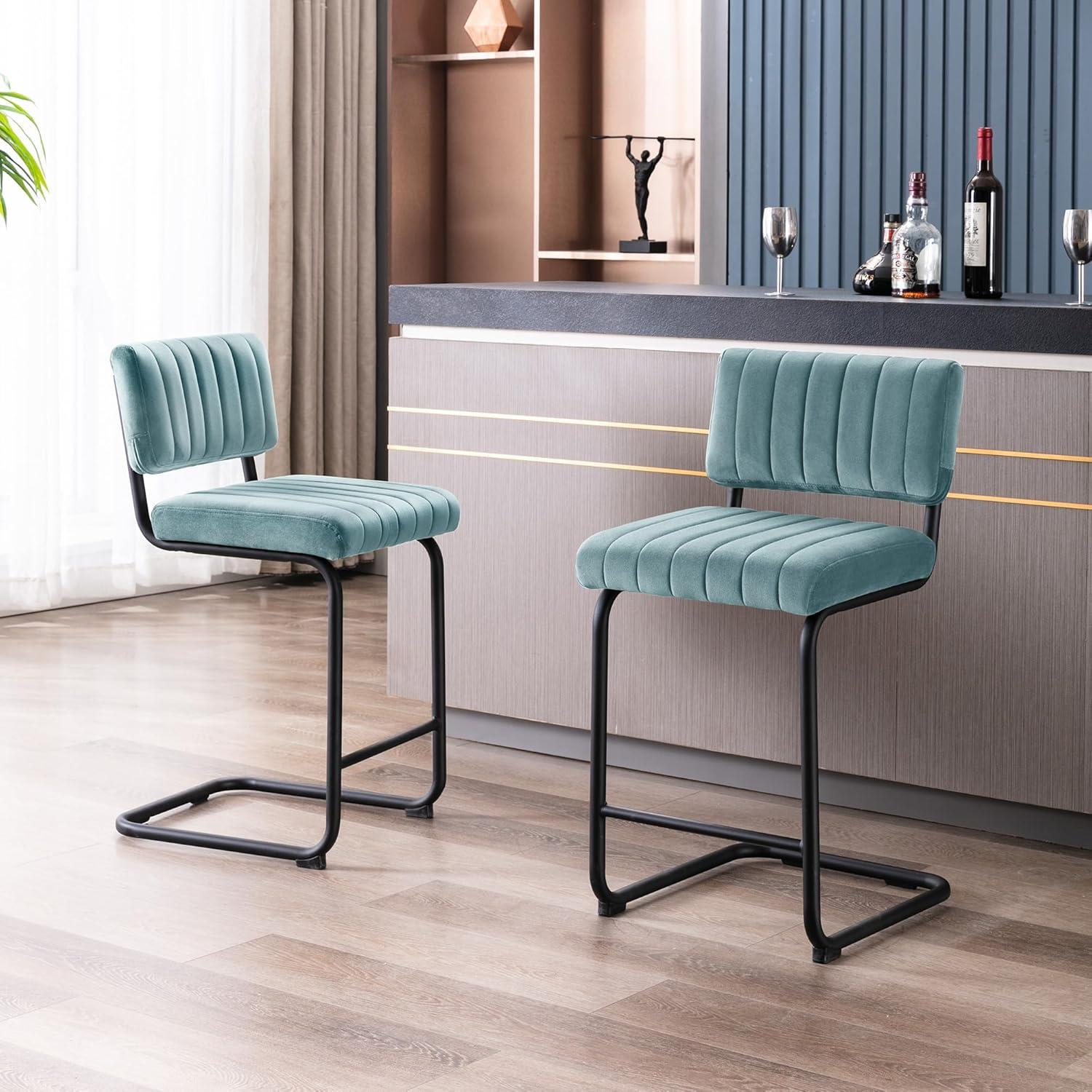 Light Blue Velvet Upholstered Counter Stools with Steel Frame, Set of 2