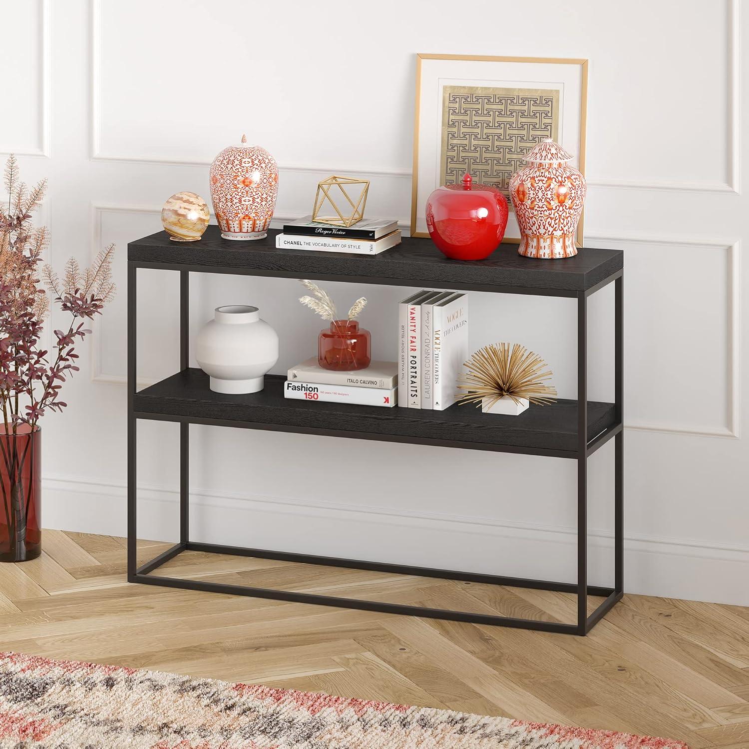 Edmund 42" Black Grain Metal & Wood Console Table with Geometric Frame