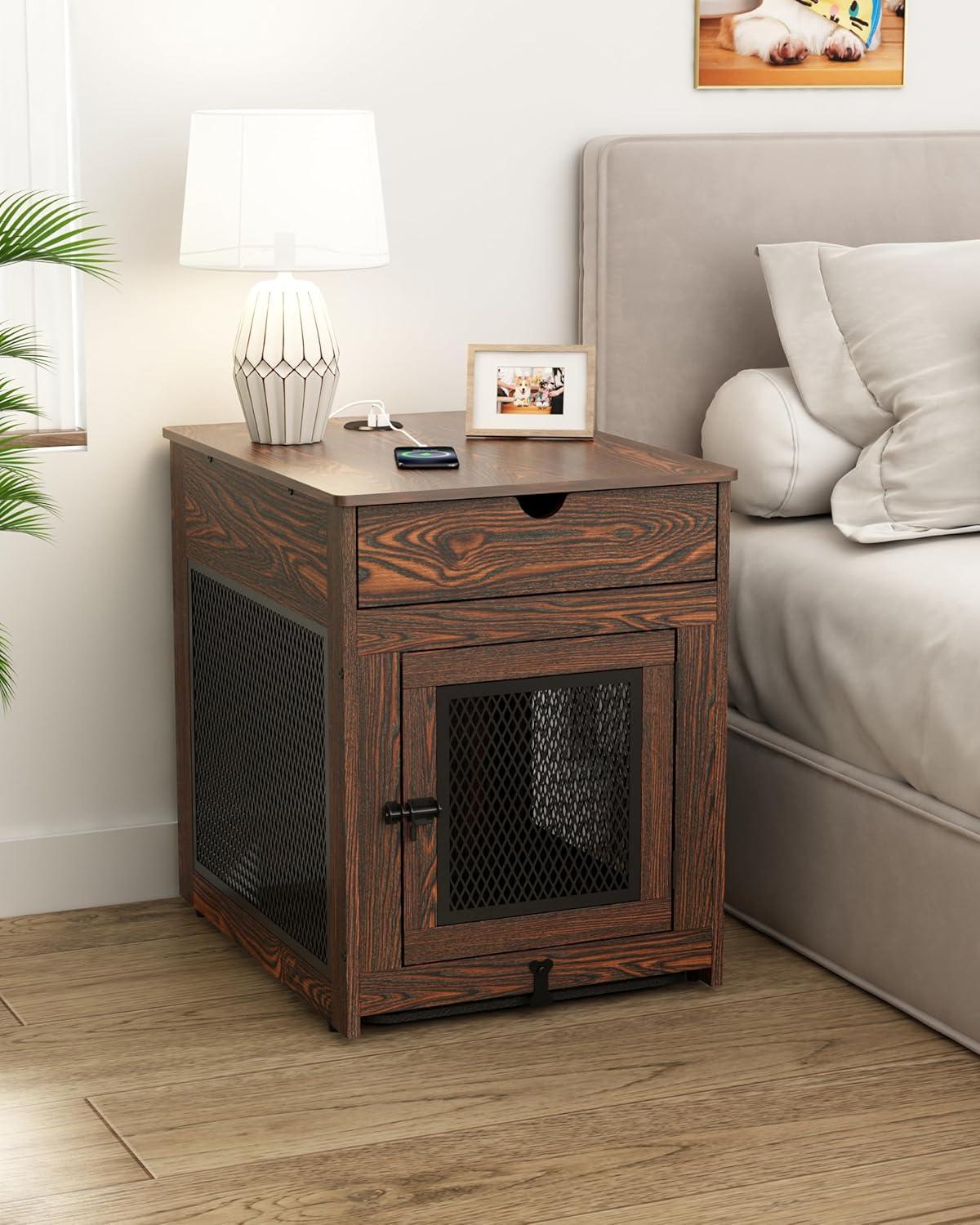 Piskyet Dog Crate Furniture,Wooden Dog Crate End Table with Storage Drawer&Cushion&Tray, QC3.0 Wireless Charging,Dual USB,Small Dogs Rustic Style