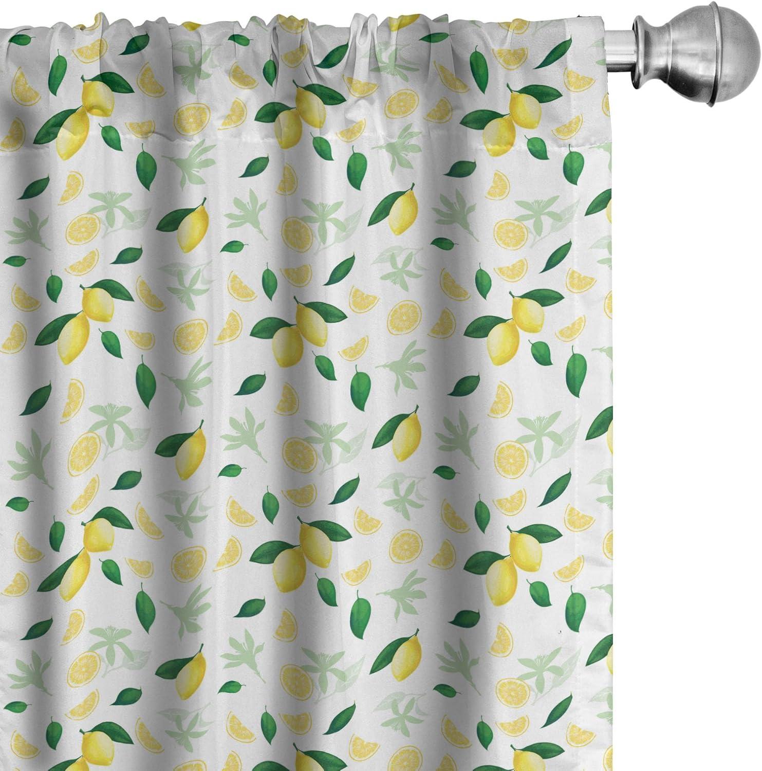 Lemon Print White and Green Microfiber Rod Pocket Curtains, 28" x 95"