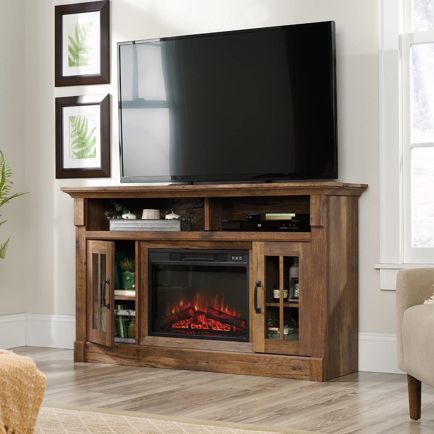 Sauder Fireplace TV Stand with Glass Doors for TVs up to 65", Vintage Oak Finish