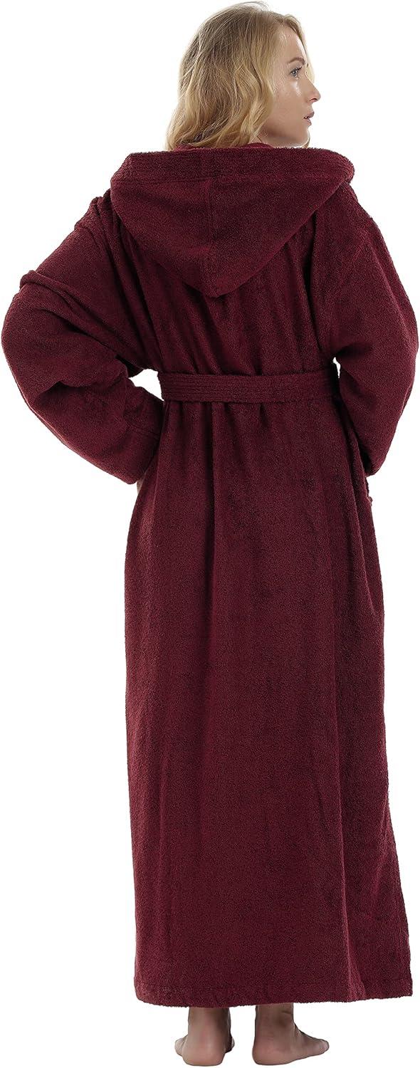 Women's Small Burgundy Cotton Hooded Full Length Bathrobe