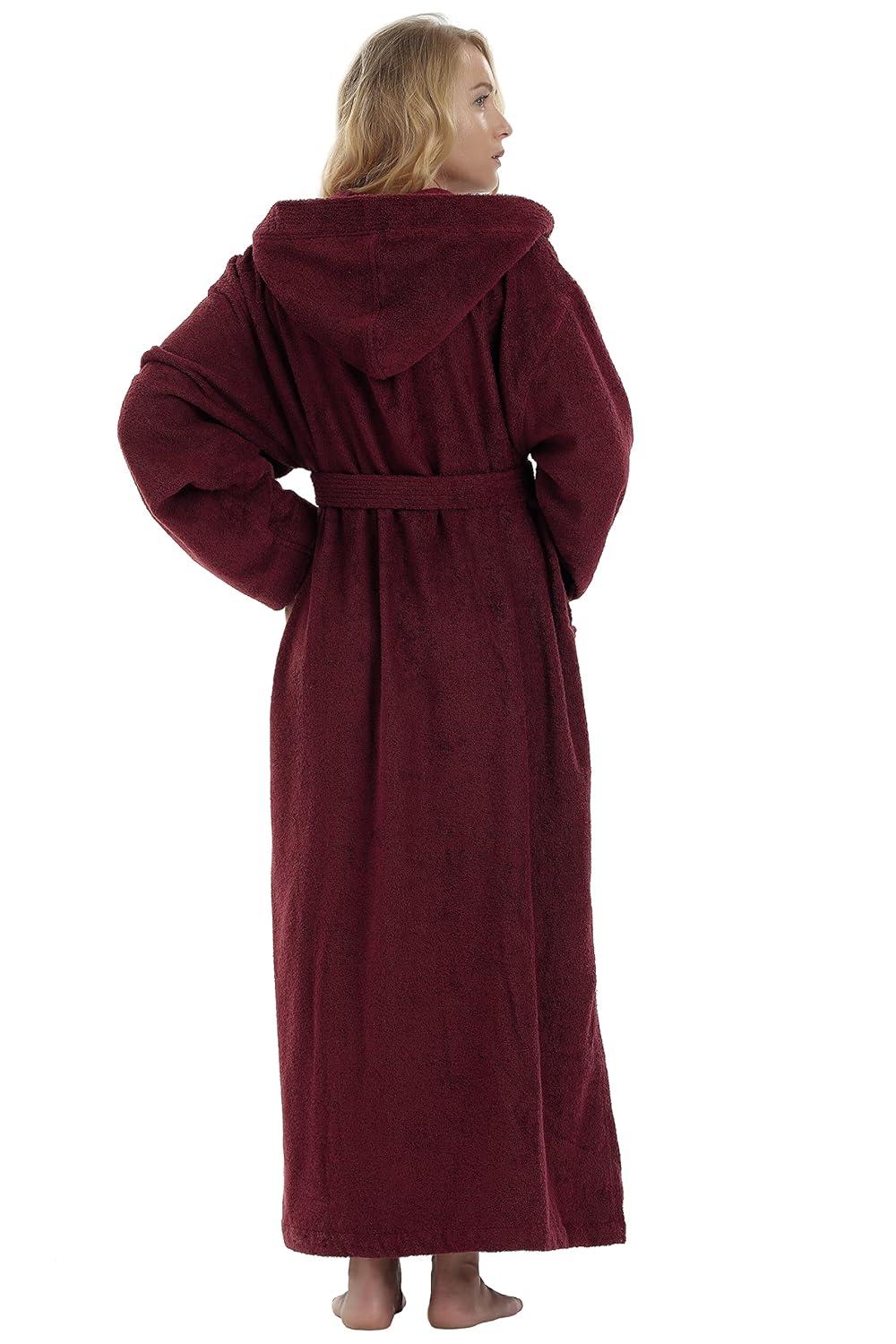 Women's Small Burgundy Cotton Hooded Full Length Bathrobe