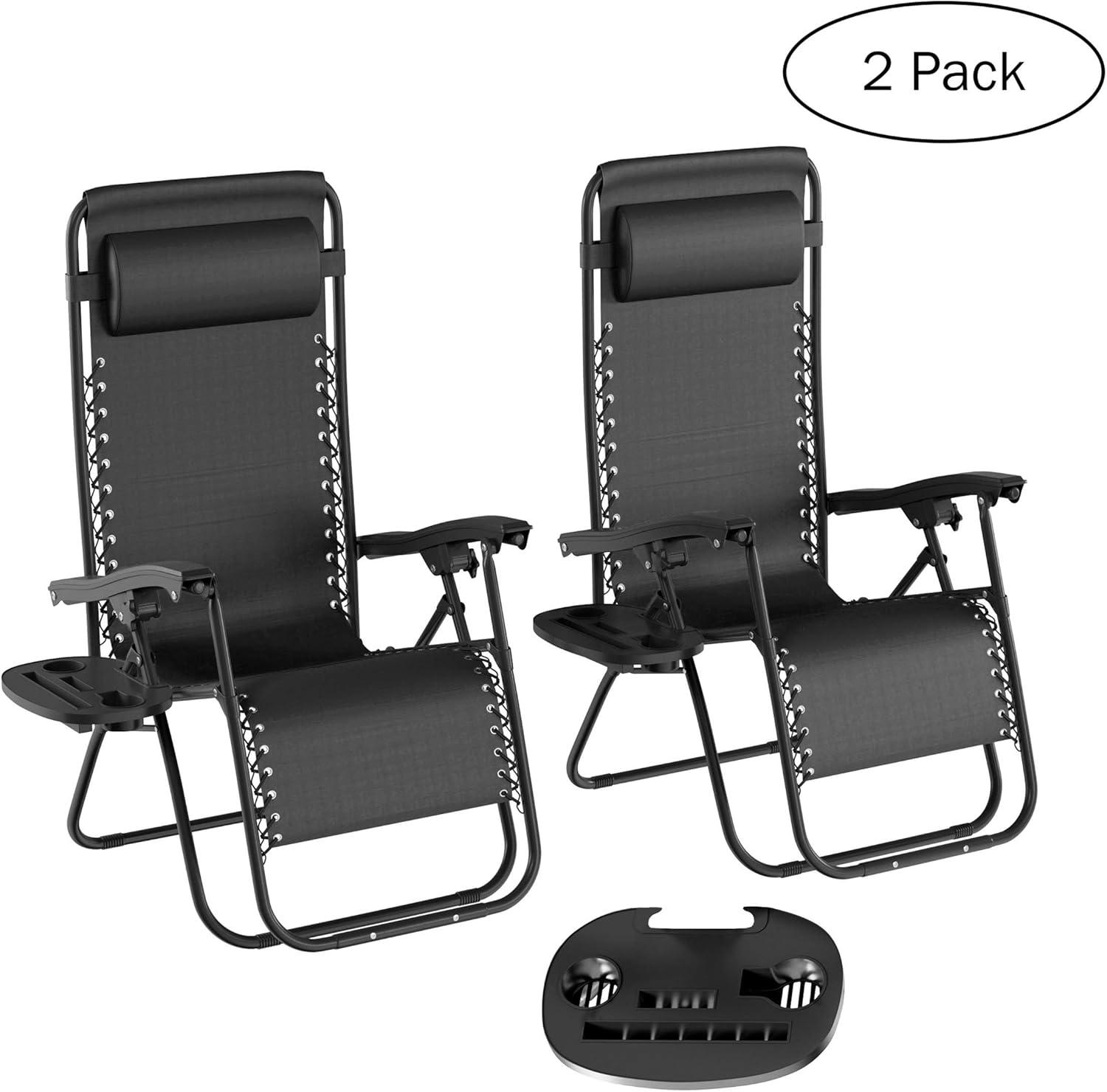 Set of 2 Zero Gravity Outdoor Chairs with Side Tables, Cupholders, Phone, and Tablet Holder and Chair Pillow by Lavish Home, Black