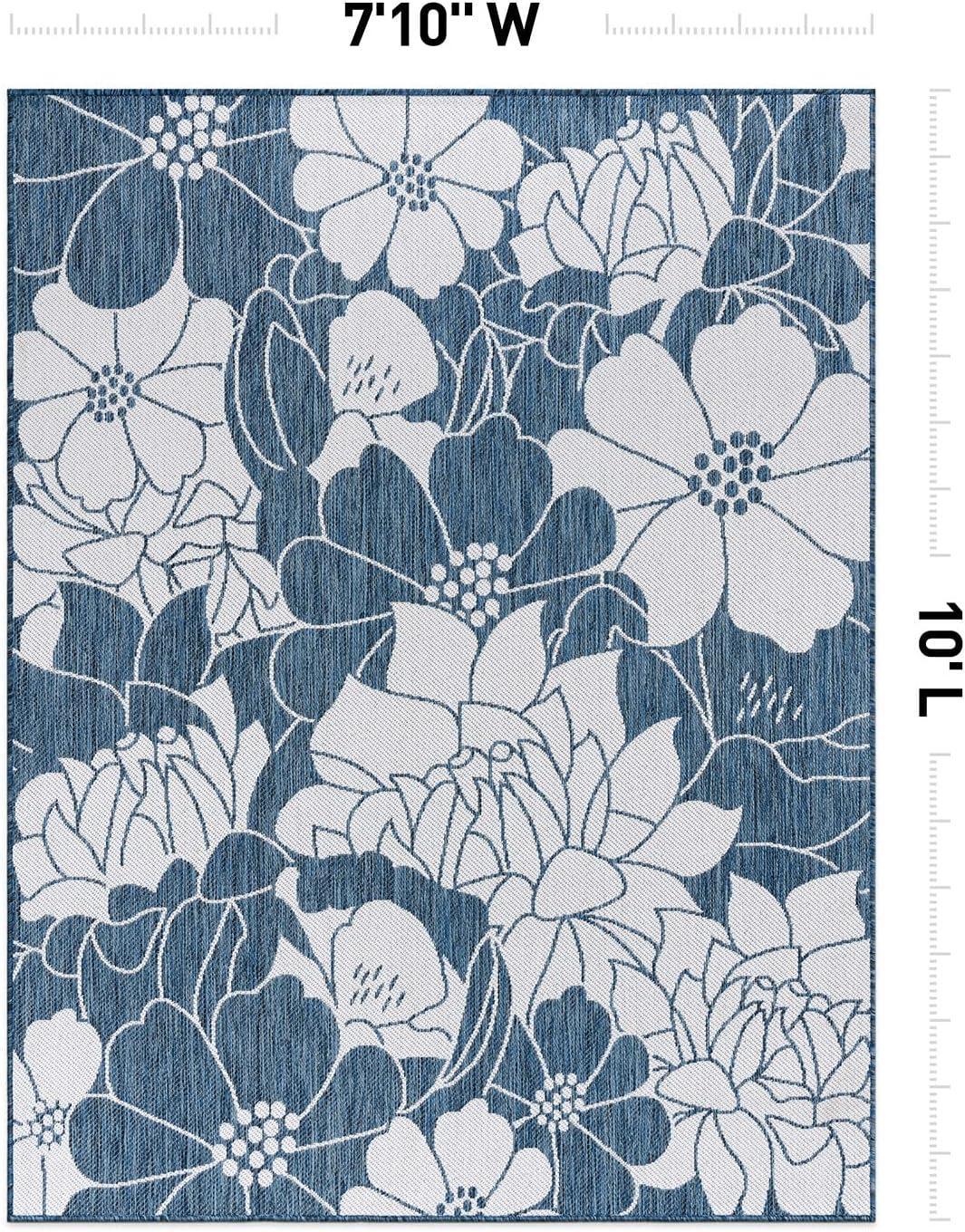 World Rug Gallery Modern Floral Flowers Textured Flat Weave Indoor/Outdoor Area Rug - NAVY 7'10"X10'