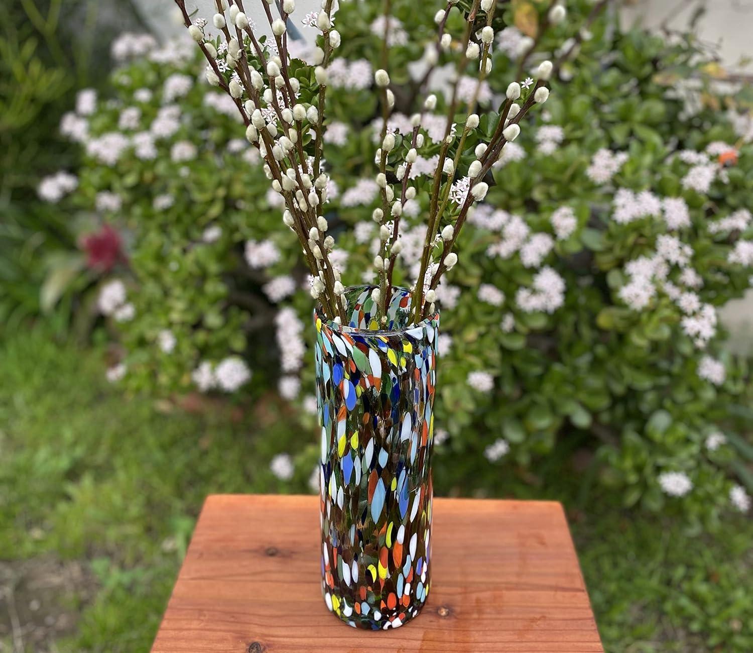 Dos Sueños Mexican Hand Blown Glass Vase (11.5" x 4") – Confetti Carmen Colorful Flower Vase, Centerpiece, Cylinder Vase