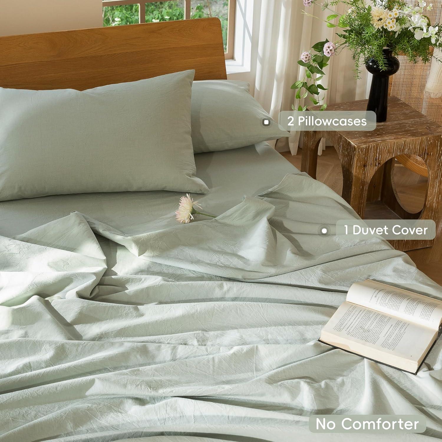 MOOMEE 100% Washed Cotton Linen Like Textured Duvet Cover Set