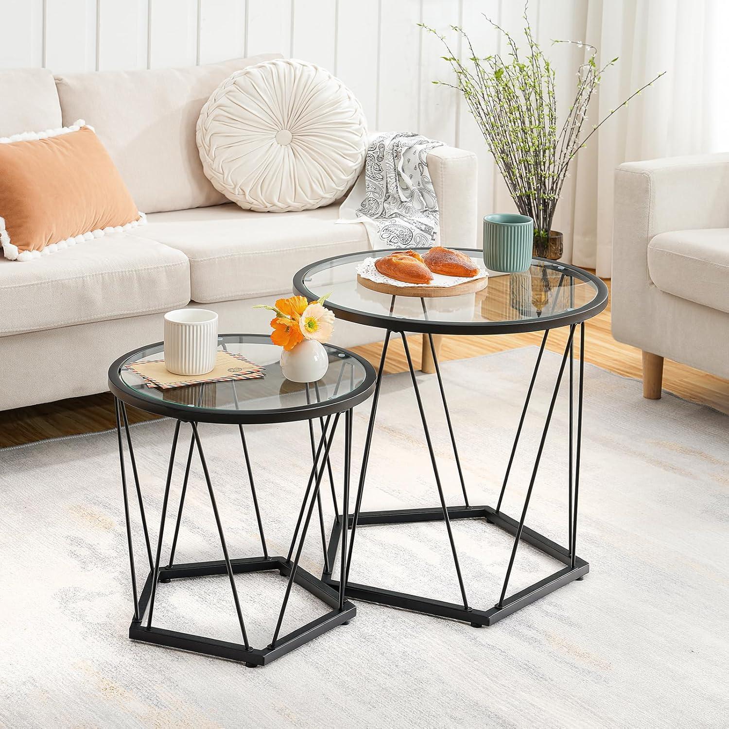 Small Coffee Table Set of 2, Round Coffee End Table with Metal Frame, Glass Top, Black Side Table for Living Room, Bedroom and Balcony, Modern Style, Black