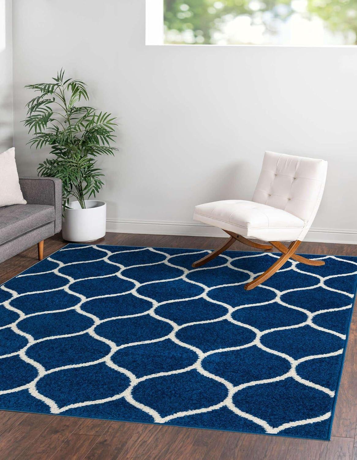 Unique Loom 5' 0 x 5' 0 Trellis Frieze Rounded Navy Blue Area Rug