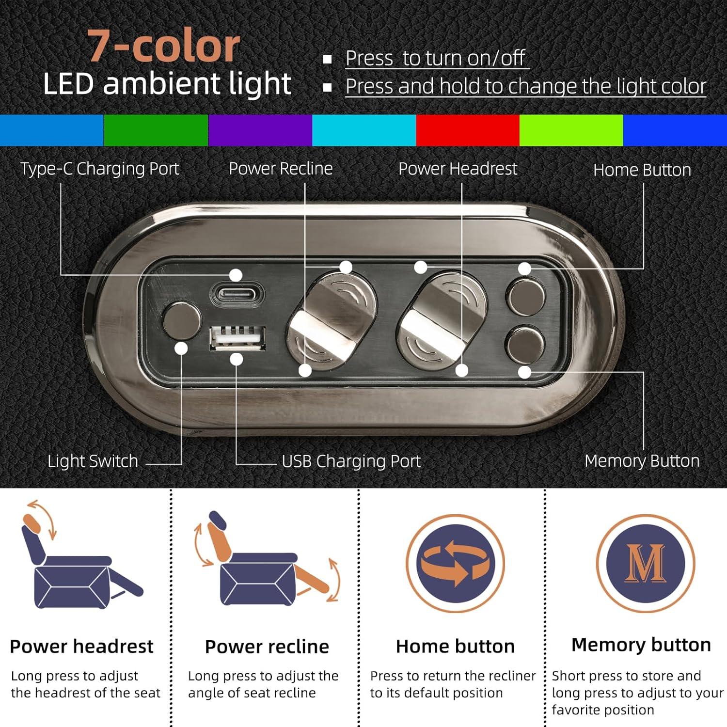 Top Grain Leather Home Theater Seating Power Headrest & Memory Function, 7-Color Ambient Lighting, USB/Type-C Charging, Easy Assembly Electric Recliner Chair (Row of 3)