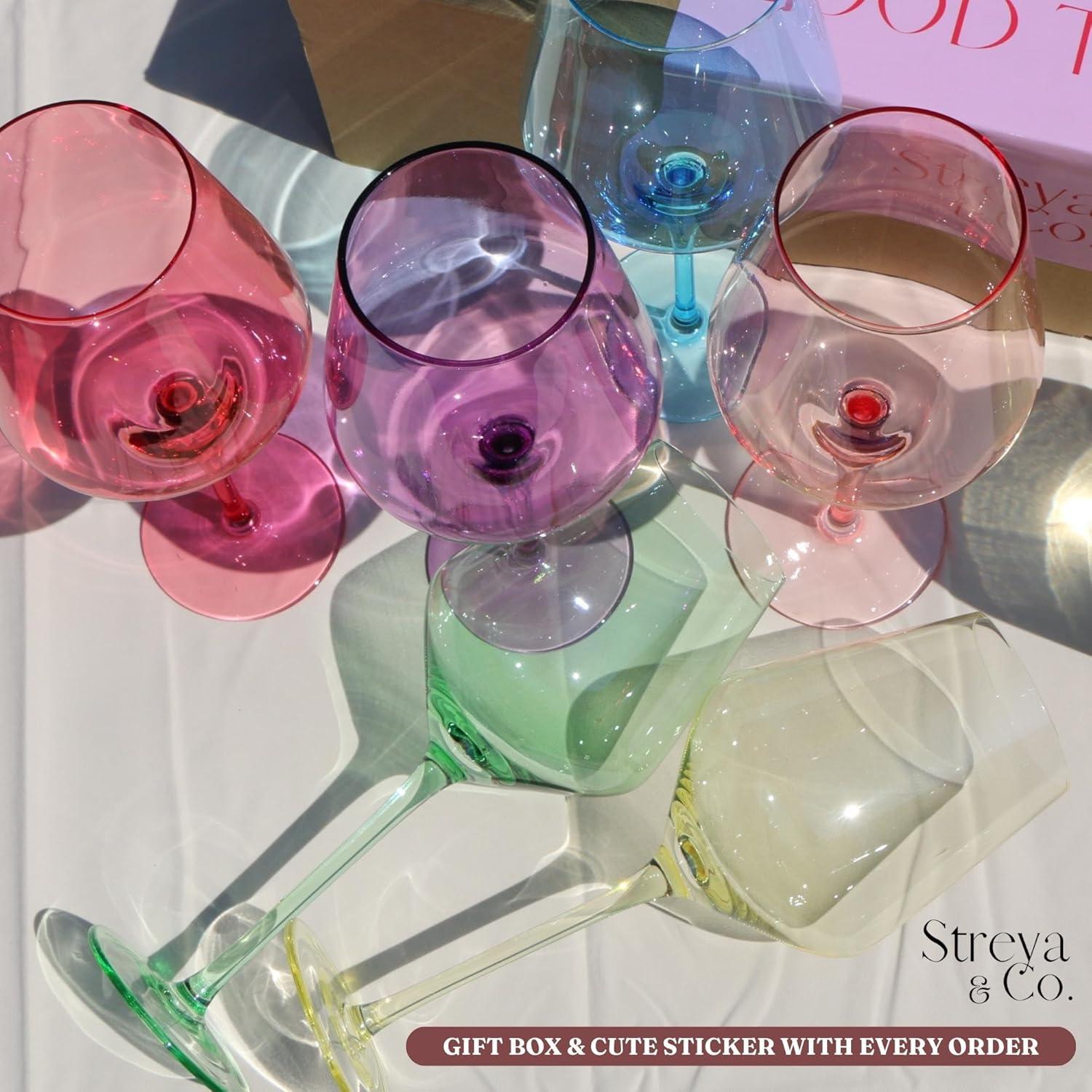 Bella Vino Set of 6 Multi Colored Crystal Wine Glasses - 18oz.