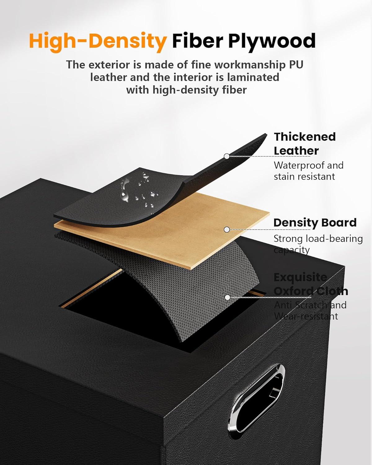 Gijjgole Collapsible Faux Leather Hanging File Folder Box Organizer with lid and Plastic Slides, Black