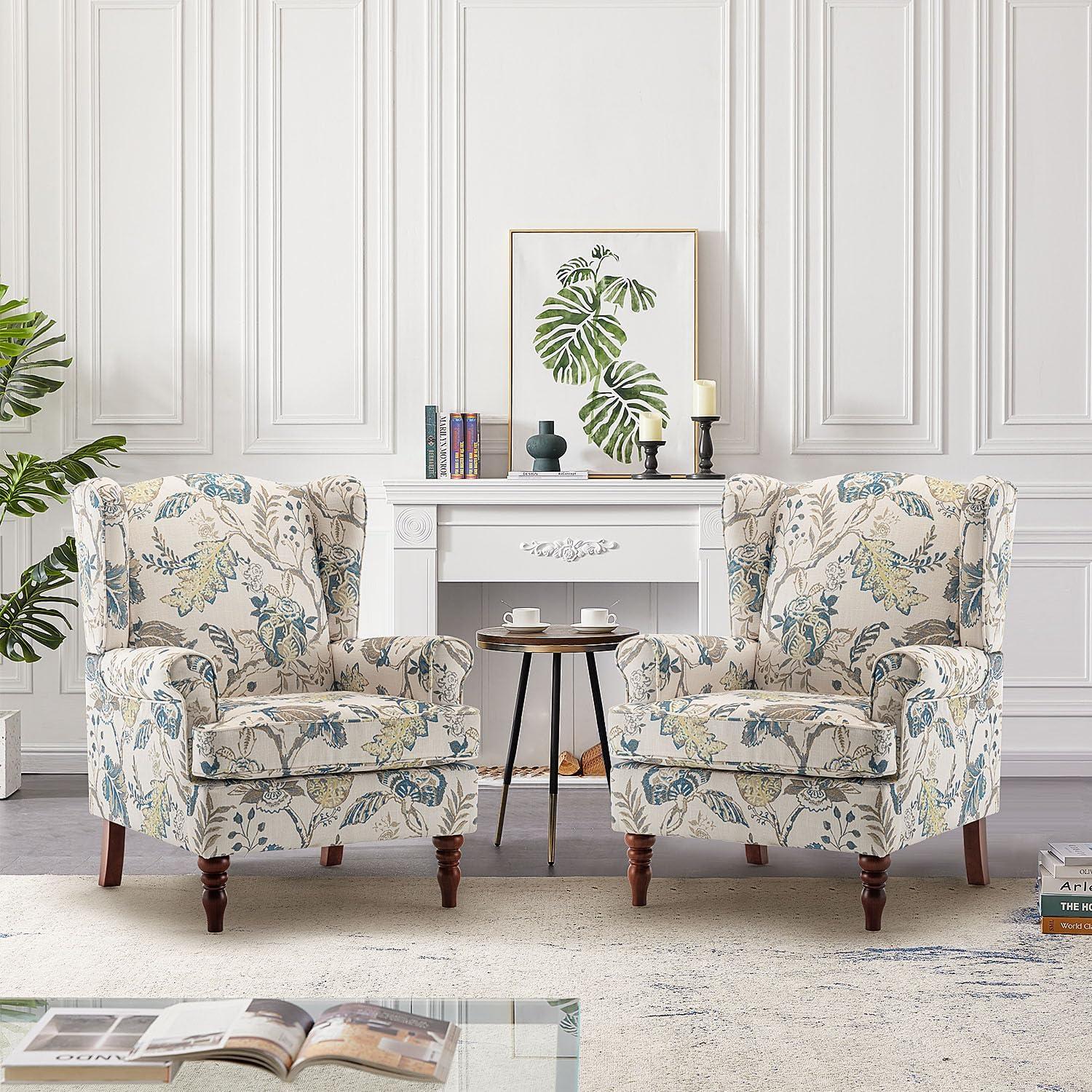 Blue Floral Upholstered Barrel Accent Chair with Wood Legs