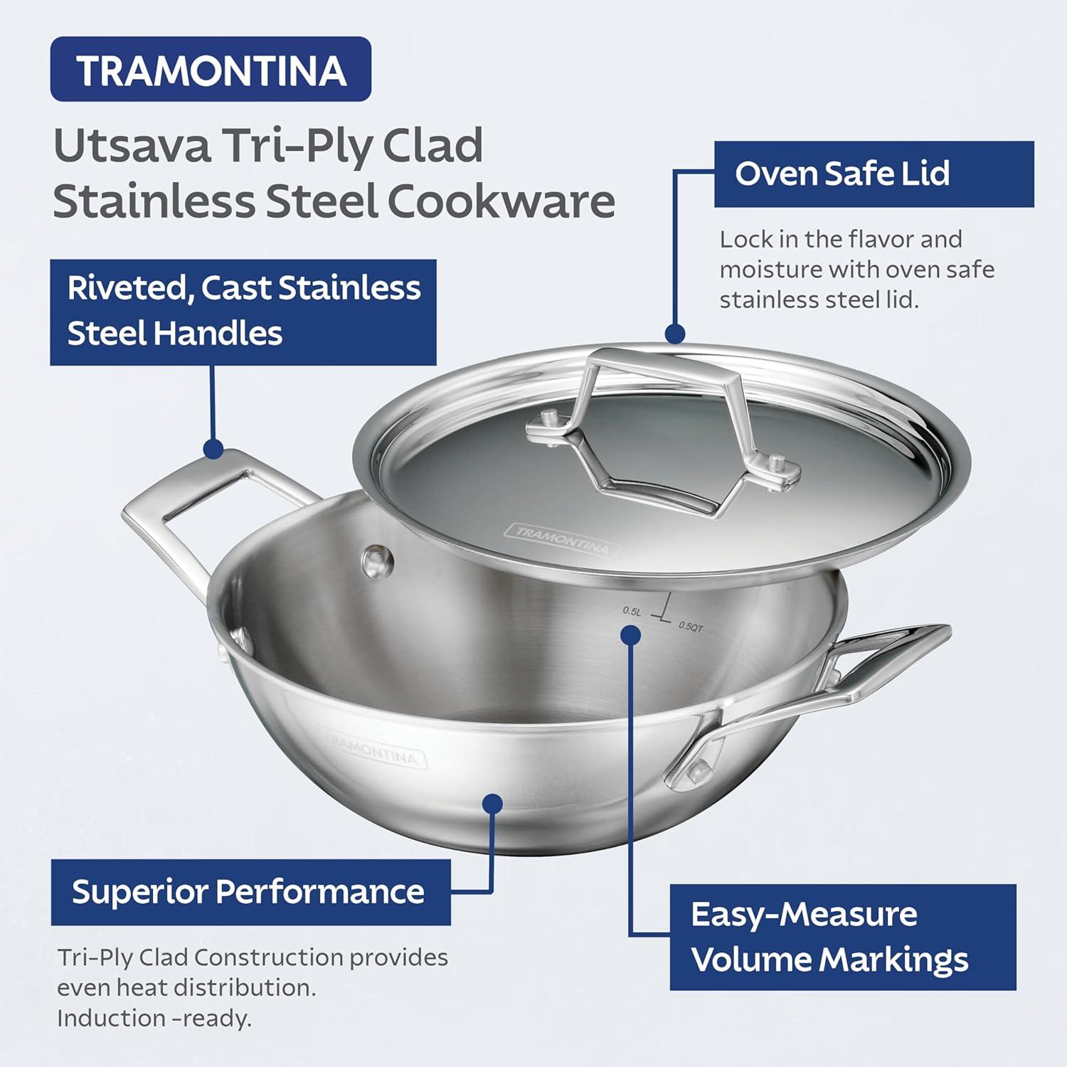 Tramontina Tramontina Utsava Tri-Ply Clad Stainless Steel Kadai with Lid, Kadhai Pot for Indian Cooking