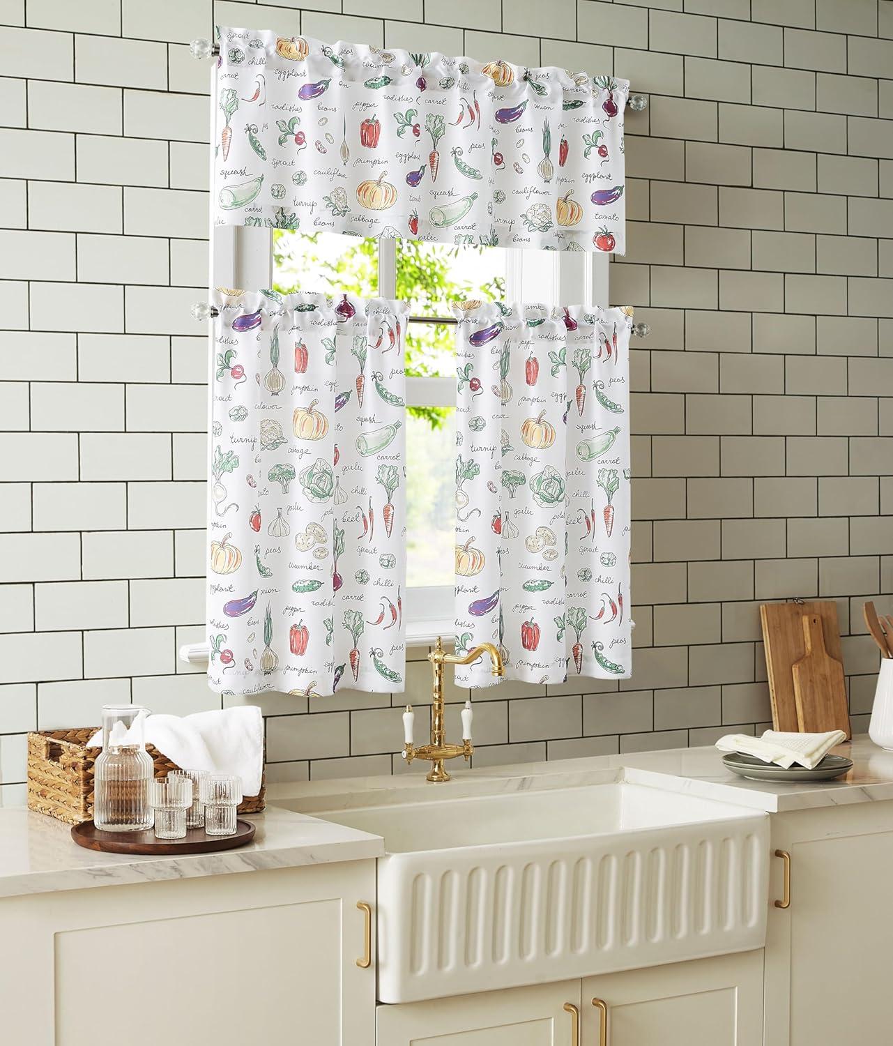 RT Designer's Collection Tribeca Vegetables Printed 3 Pieces Kitchen Curtain Set Includes 1 Valance 52" x 18" and 2 Tiers 26" x 36" Each Multi Color