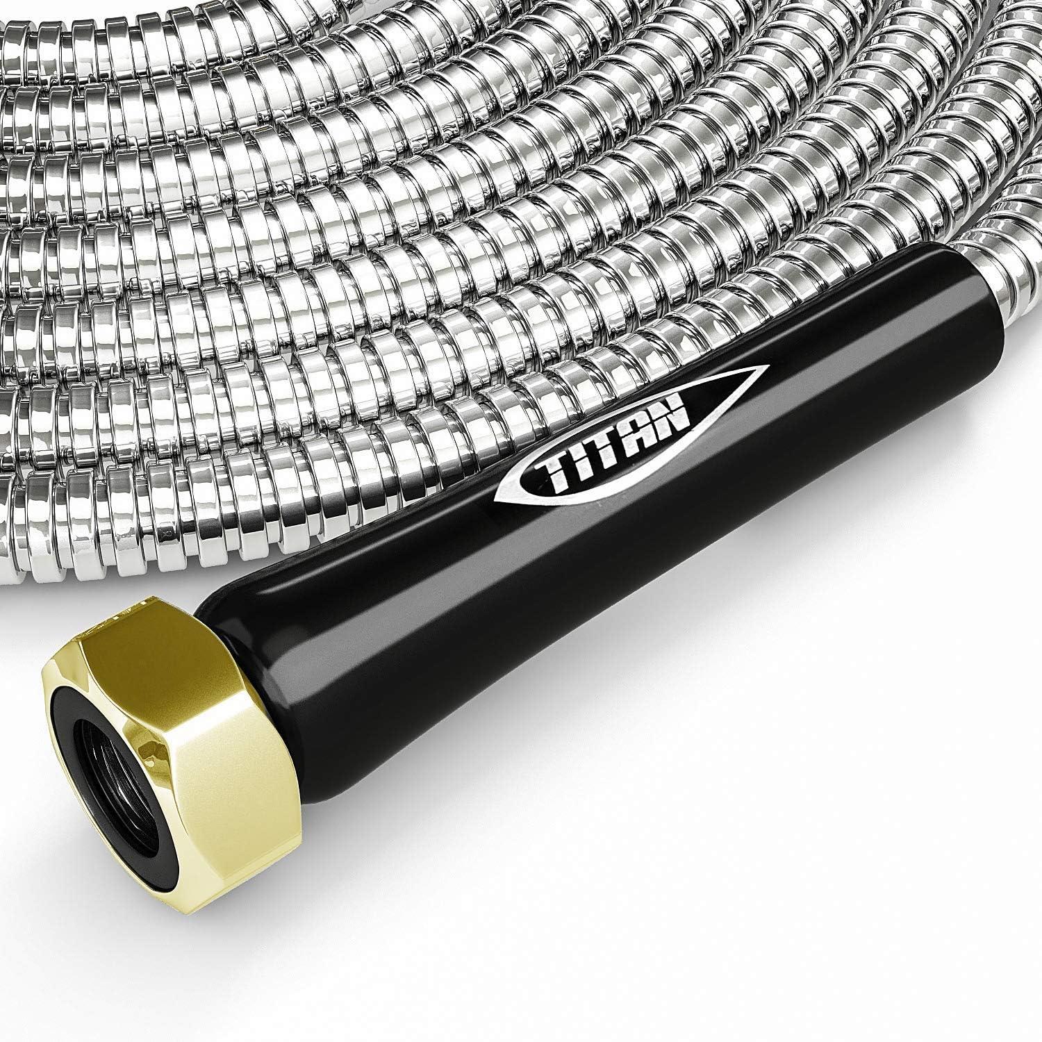 TITAN Garden Hose 100FT - 304 Stainless Steel Metal Water Hose, Flexible, Kink-Free, Lightweight, Durable, Crush Resistant Fittings, Easy to Coil, 500 PSI