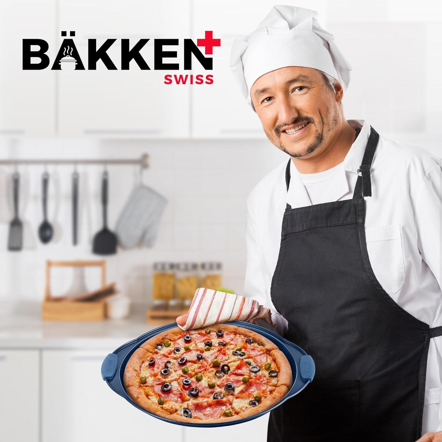 Bakken Pizza Baking Pan - Round Perforated Carbon Steel Pan with Non-Stick Marble Coating, Oversized Silicone Handle, Dishwasher Safe, High-Temperature Resistant, Durable & Easy Cleanup Blue, 1 Pack