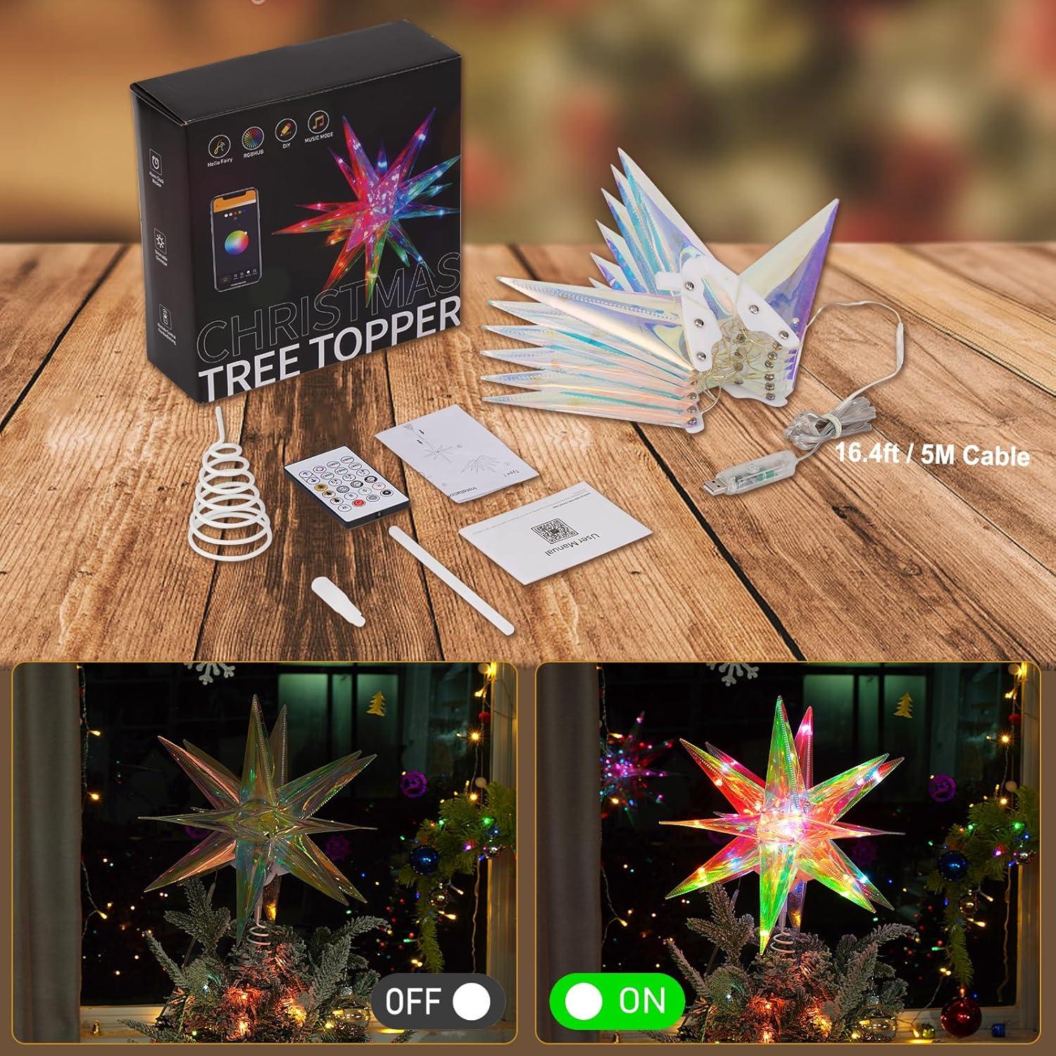 Christmas Star Tree Topper, 13.8" Xmas Smart Tree Decorations, Crystal-like 3D Polygonal Shell, App Control LED Christmas Light, Music Sync RGB Color Changing with Remote for Indoor and Outdoor Decor