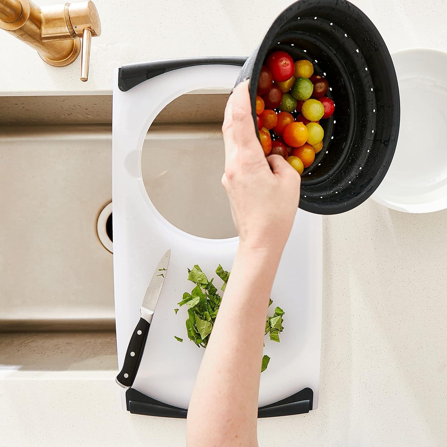 Rectangular White and Gray Poly Cutting Board with Collapsible Strainer