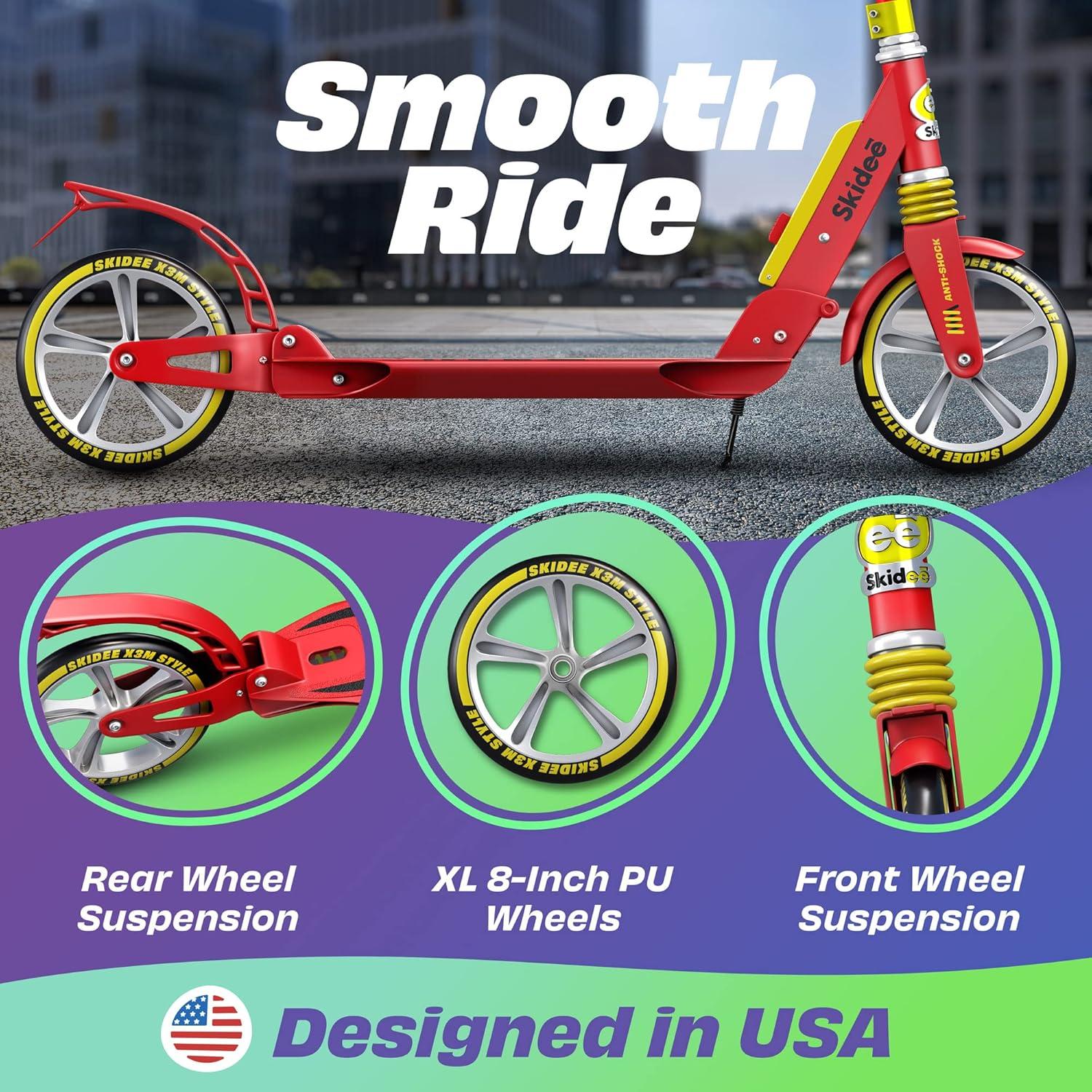 Skidee Scooter for Kids, Teens, Adults, 4 Adjustment Levels, Handlebar Up to 41 Inches, Red