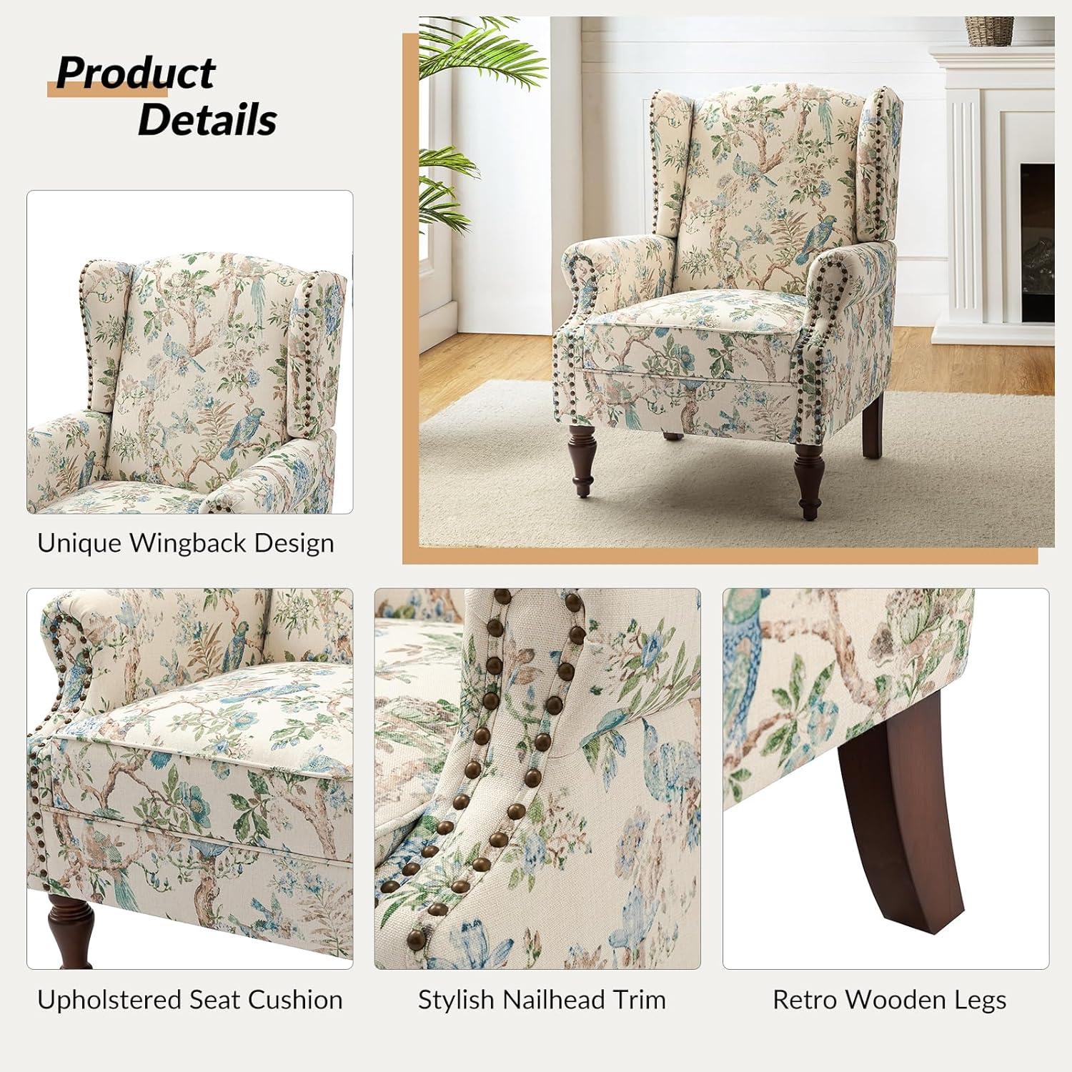 Beige Floral Pattern Wingback Accent Chairs with Wooden Legs