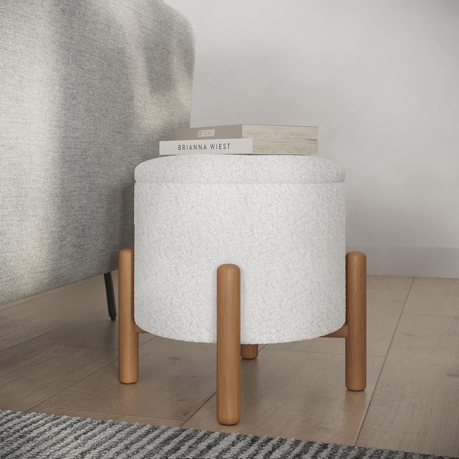 Lavish Home Round Ottoman with Removable Top for Storage (White)