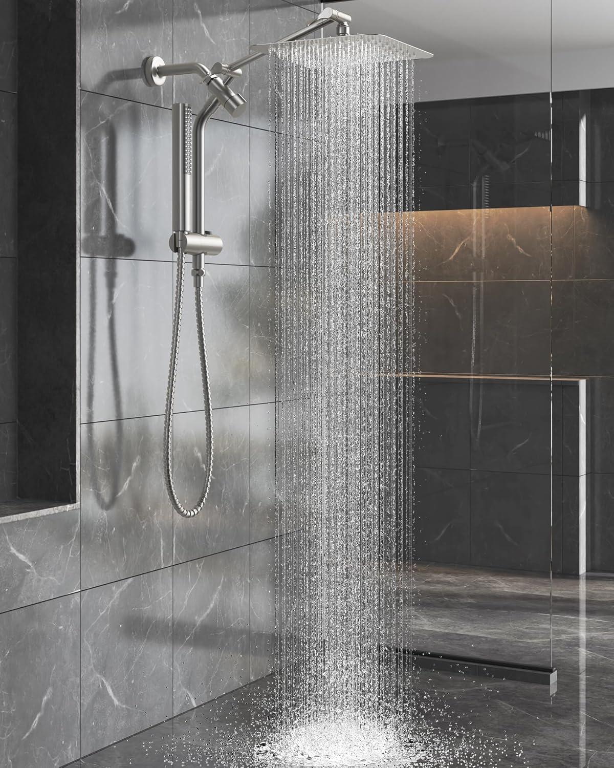 Veken Brushed Nickel Shower Head, 10'' All Metal Rain Shower Heads with Handheld Spray Combo, Hand Held Bathroom Combo with Extension Arm, Dual shower with Power Wash, Adjustable Rainfall Showerhead