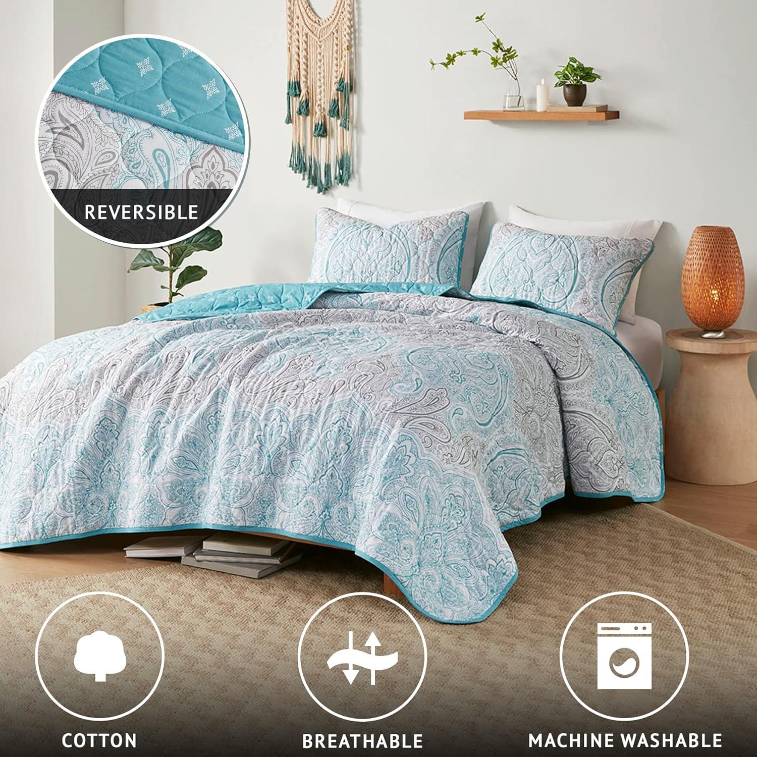 Madison Park Cardi Reversible Cotton Quilt Set - Paisley Design, Boho Reverse Summer Breathable Coverlet, Lightweight All Season Bedding Layer, Shams, Full/Queen(90"x90"), Teal 3 Piece
