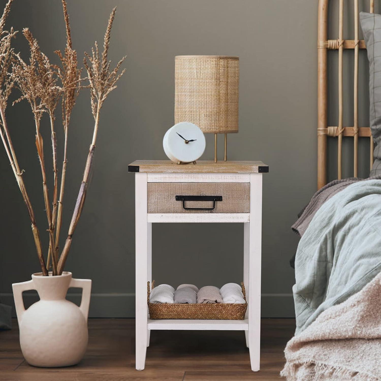 Vintage White Rustic Farmhouse 2-Drawer Bedside Table Set