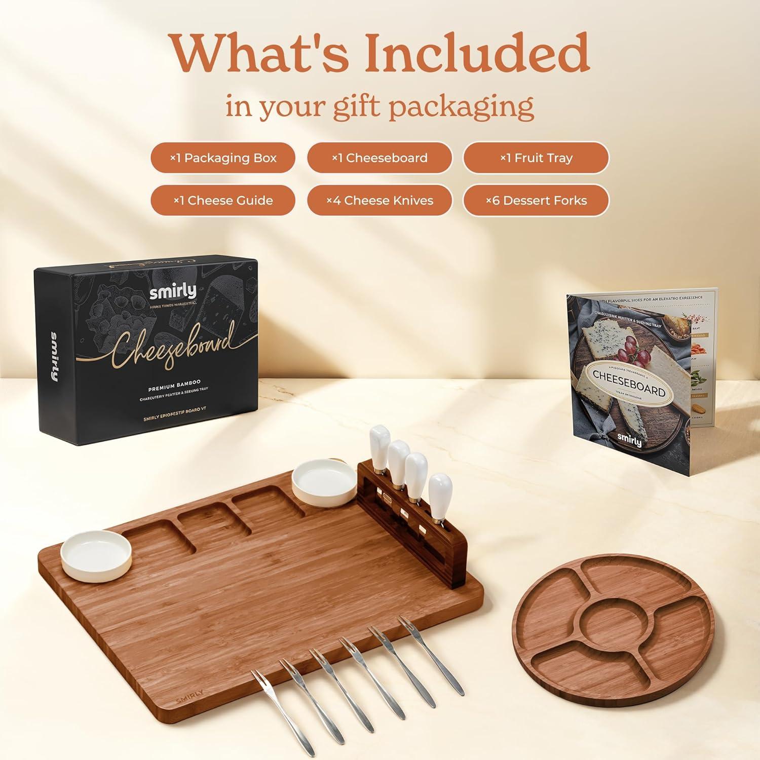 SMIRLY Charcuterie Board Set Large Bamboo Cheese Board with Fruit Tray & 2 Ceramic Bowls