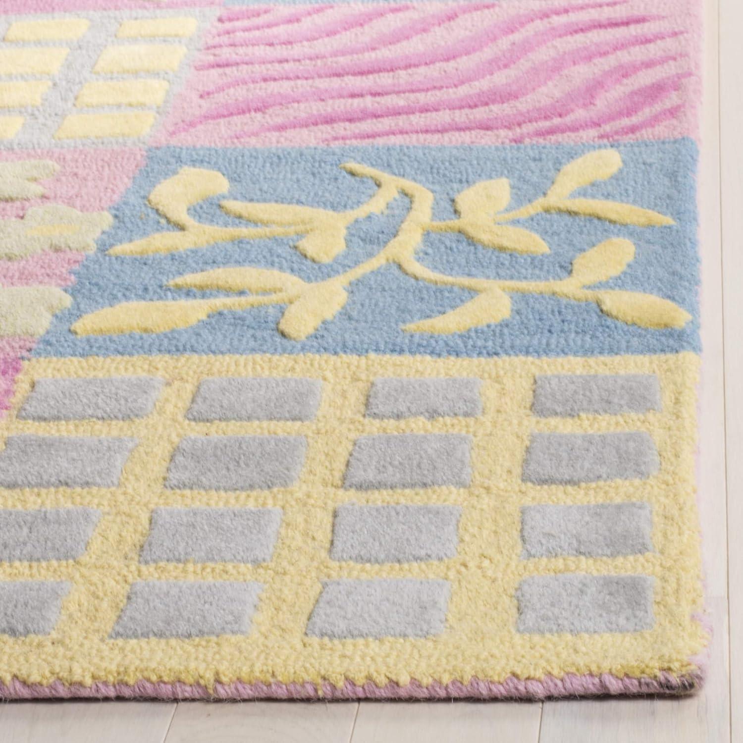 Handmade Geometric Wool Kids Square Rug in Pink & Multi, 59"