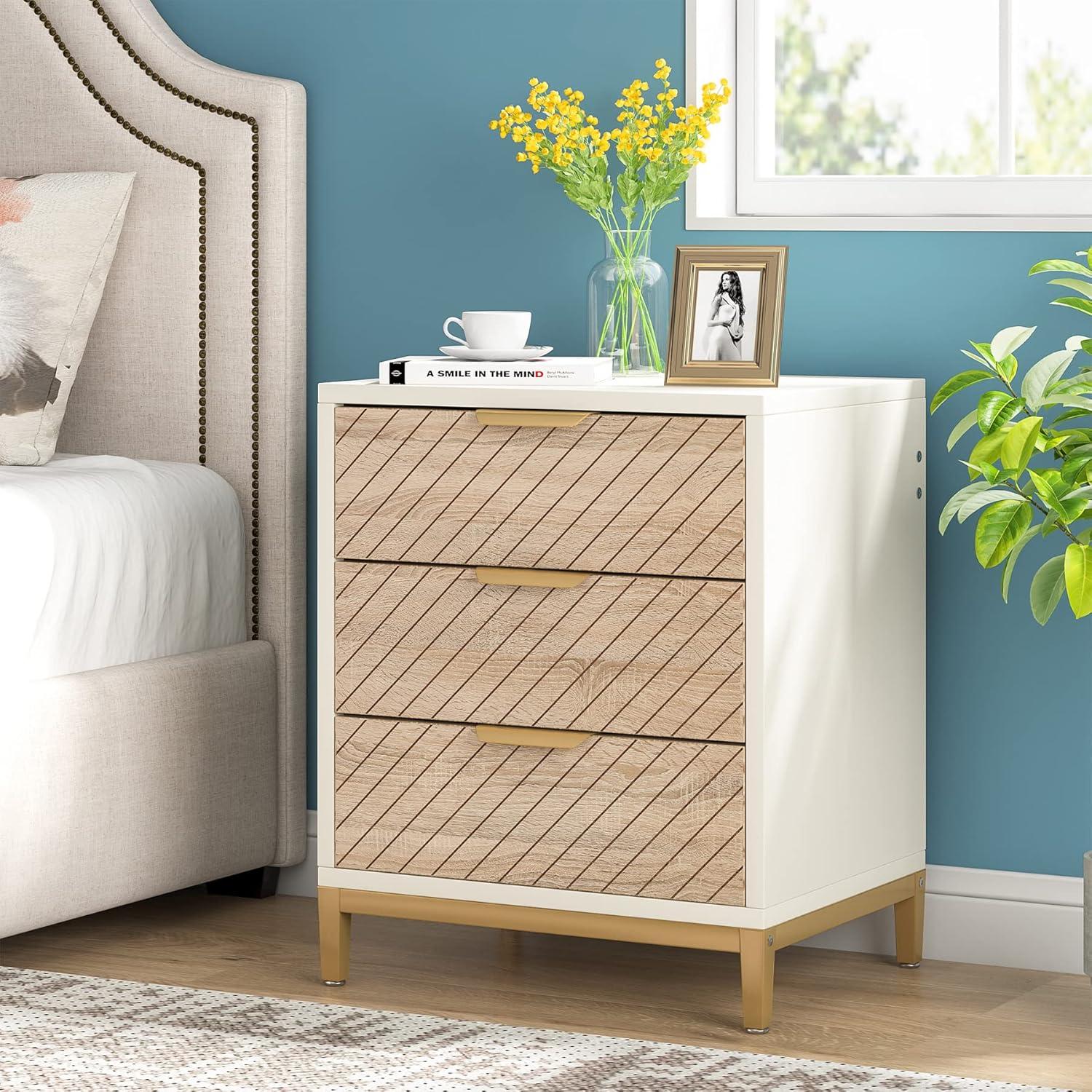 Topcobe Night Stands for Bedrooms, White and Gold Light Wood Grain Nightstands with 3 Drawers Bedside End Tables Storage for Living Room