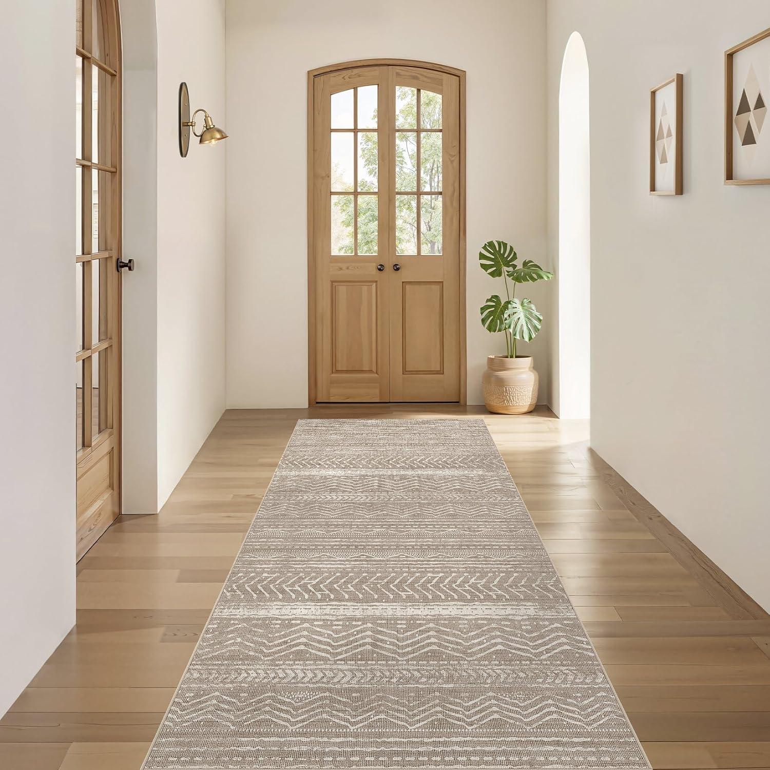 FairOnly 9'x12' Brown White Area Rugs Machine Washable Vintage Rugs for Bathroom Geometric Moroccan Ultra-Thin Area Rugs for Family Room Living Room Carpet