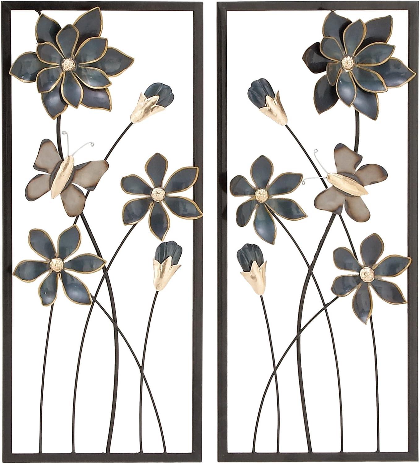 DecMode Teal Metal Floral Wall Decor with Black Frames and Butterfly Accents (2 Count)