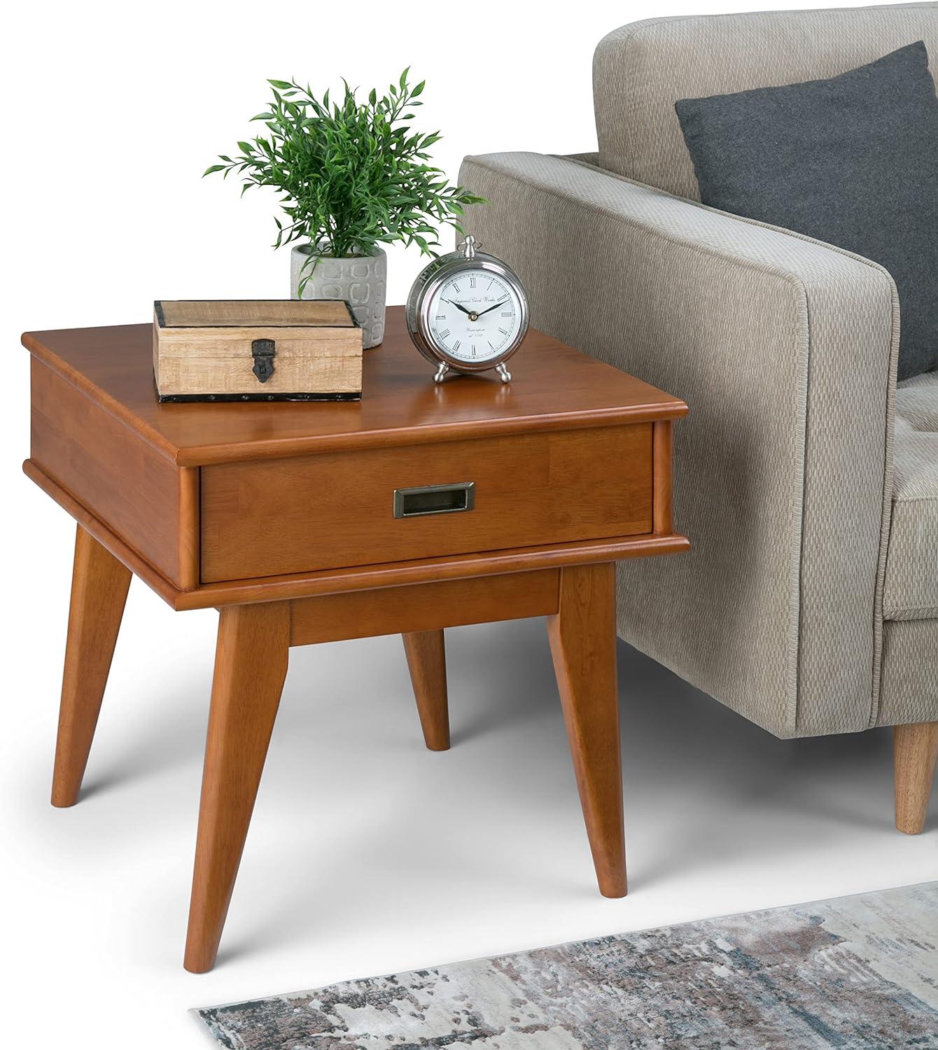 Draper Teak Brown Solid Hardwood End Table with Drawer