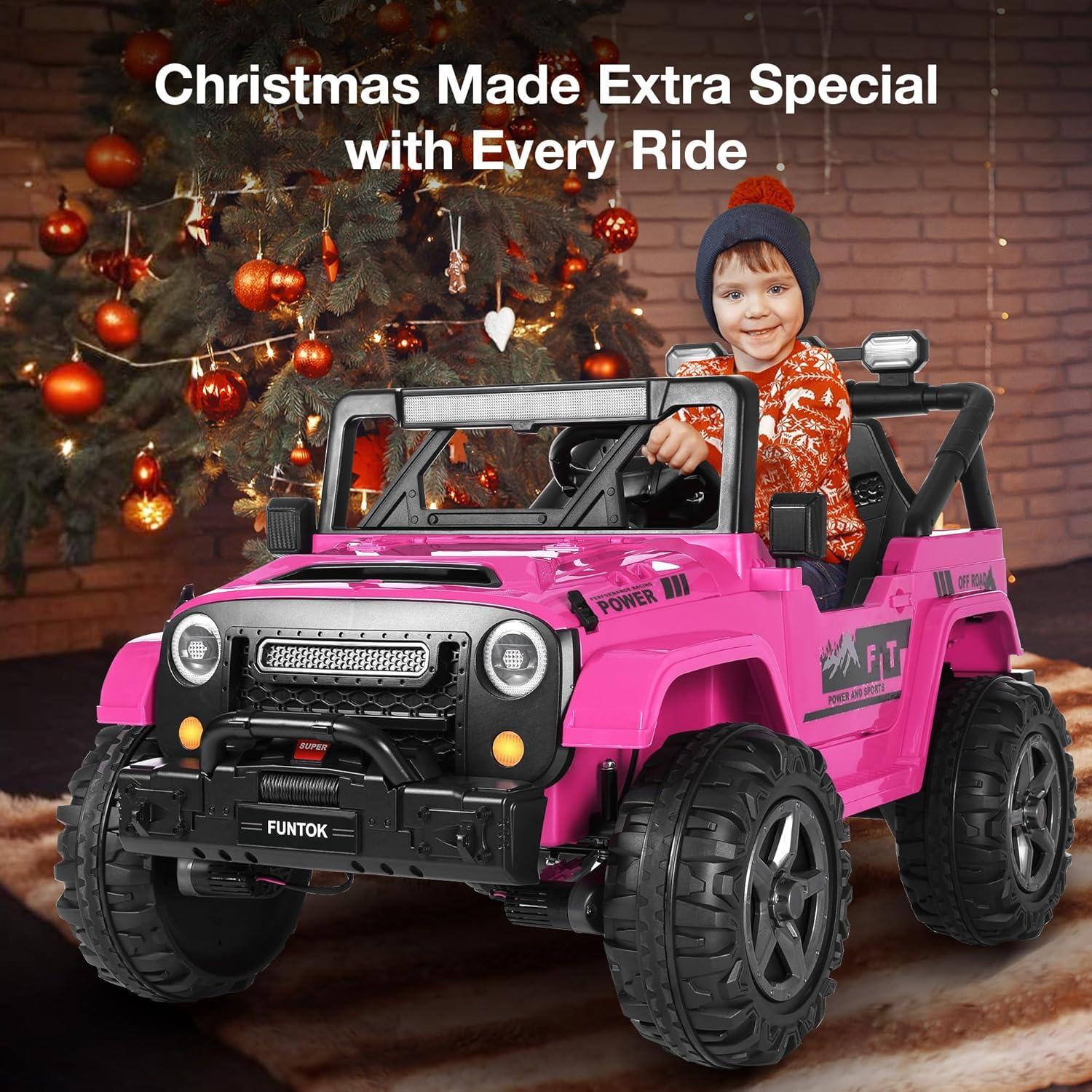 FUNTOK 24 Volt 2 Seater Kids Ride on Truck w/ 20 " Large Seat, 4 x 200W Motor Electric Vehicle Car, 4WD/2WD Switchable Battery Powered Ride on Toy, 3 Speeds with Remote Control & LED Lights, Pink