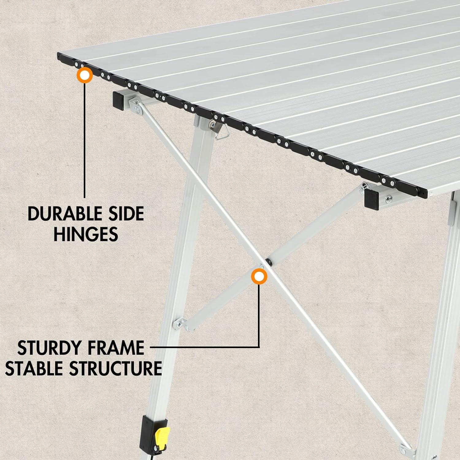PORTAL Outdoor Folding Portable Picnic Camping Table with Adjustable Height Aluminum Roll Up Table Top Mesh Layer, Silver