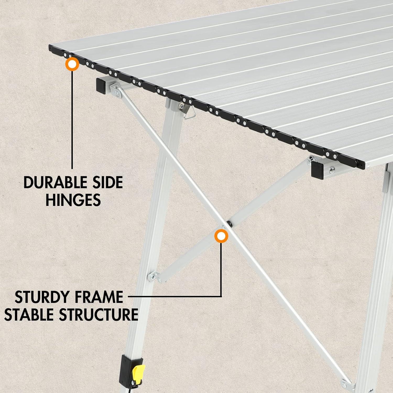 PORTAL Outdoor Folding Portable Picnic Camping Table with Adjustable Height Aluminum Roll Up Table Top Mesh Layer, Silver