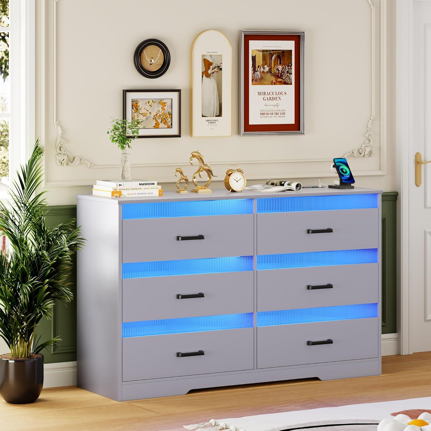 Gray Modern 6-Drawer Dresser with LED Lights and Charging Station