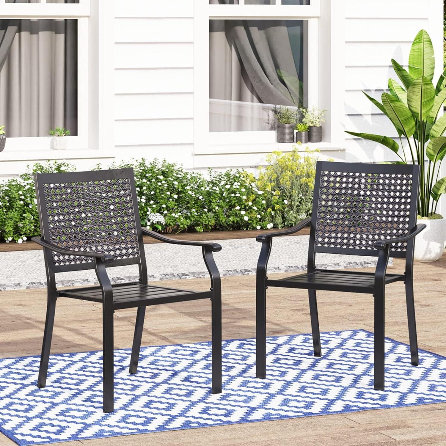 Black Metal Stackable Outdoor Dining Chairs with Armrests, Set of 2