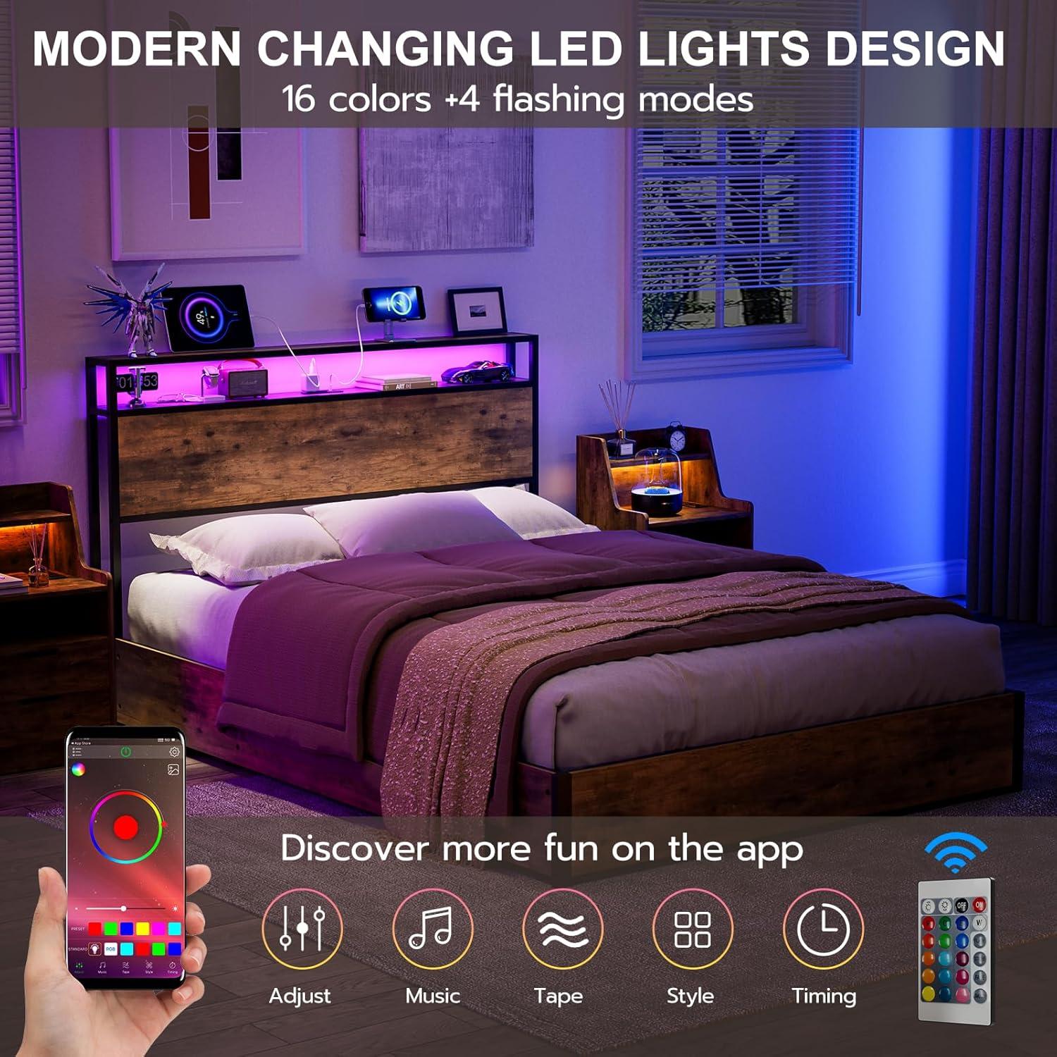 Ivy Bronx Kaiwei Storage Headboard With Led Lights & Charging Station - Industrial Metal And Wood