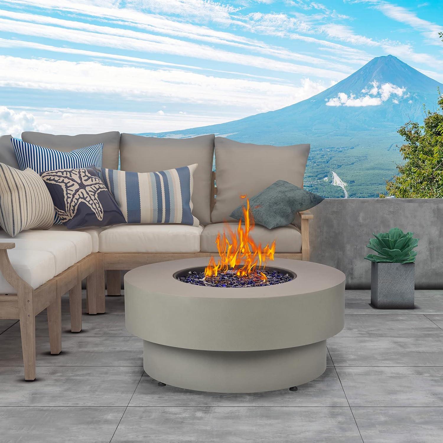 BAIDE HOME 32.5" Round Steel Low Profile Propane Fire Pit Table, 50,000 BTU Outdoor Gas Fire Pit with Lid, Glass Rocks, Cover, Pre-attached 10ft Propane Hose