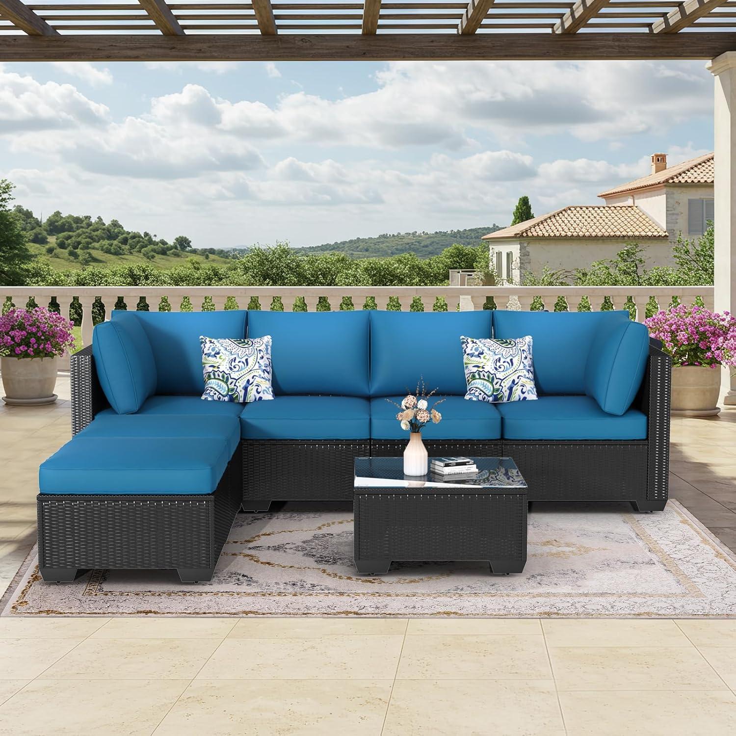Black Steel Frame 7-Piece Outdoor Sectional Sofa Set with Blue Cushions