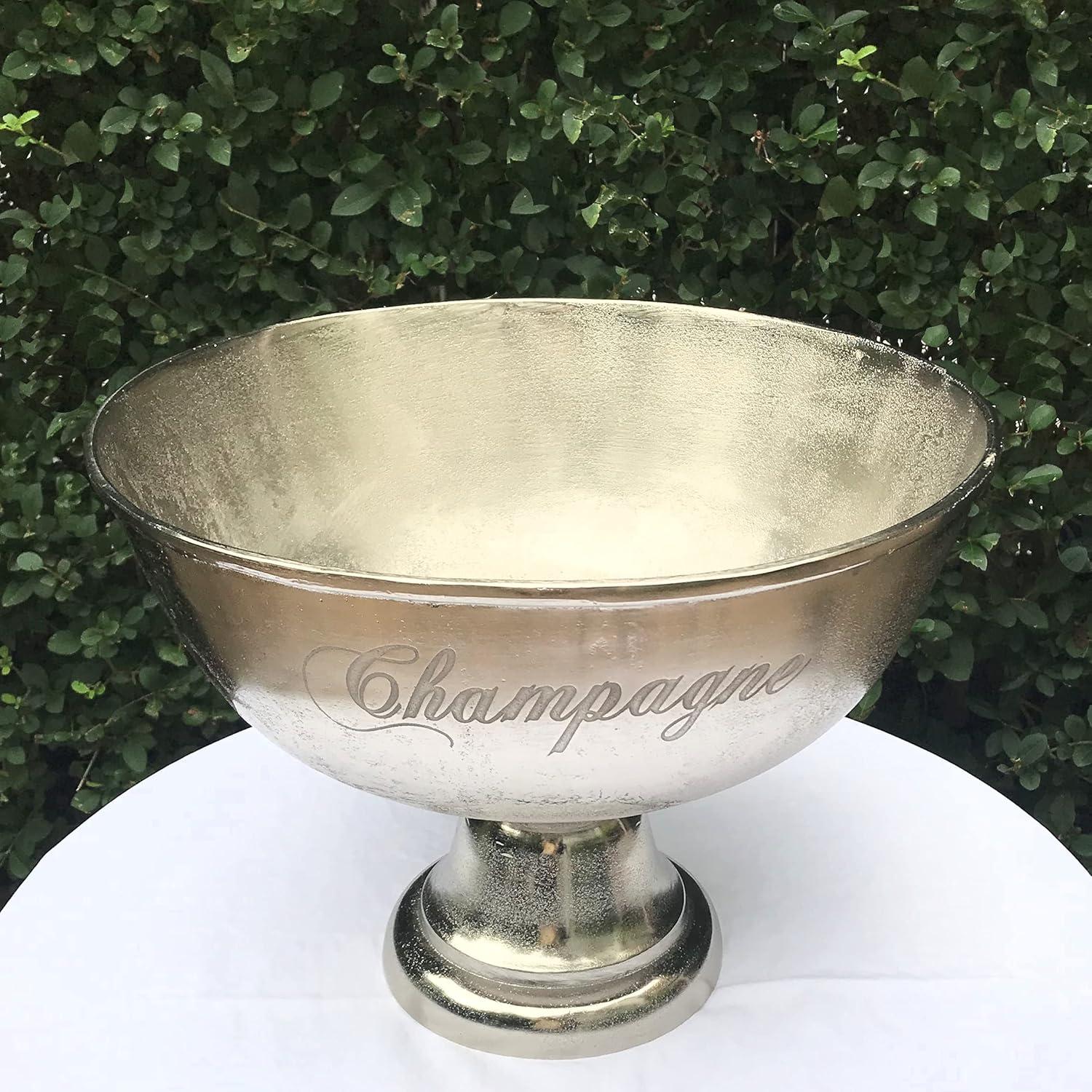 Luxury Champagne Ice Bucket, Elegant Script Text Details, Hand Cast, Silver Aluminum, 18.5 inches