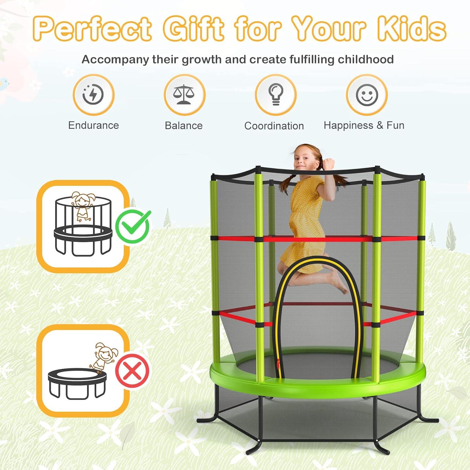 Toddler Trampoline, 55” Trampoline for Kids with Bottom-to-Top All-Round Enclosure Net & Seamless Jumping Mat, Approved Easy Assembly Kids Mini Trampolines Indoor/Outdoor