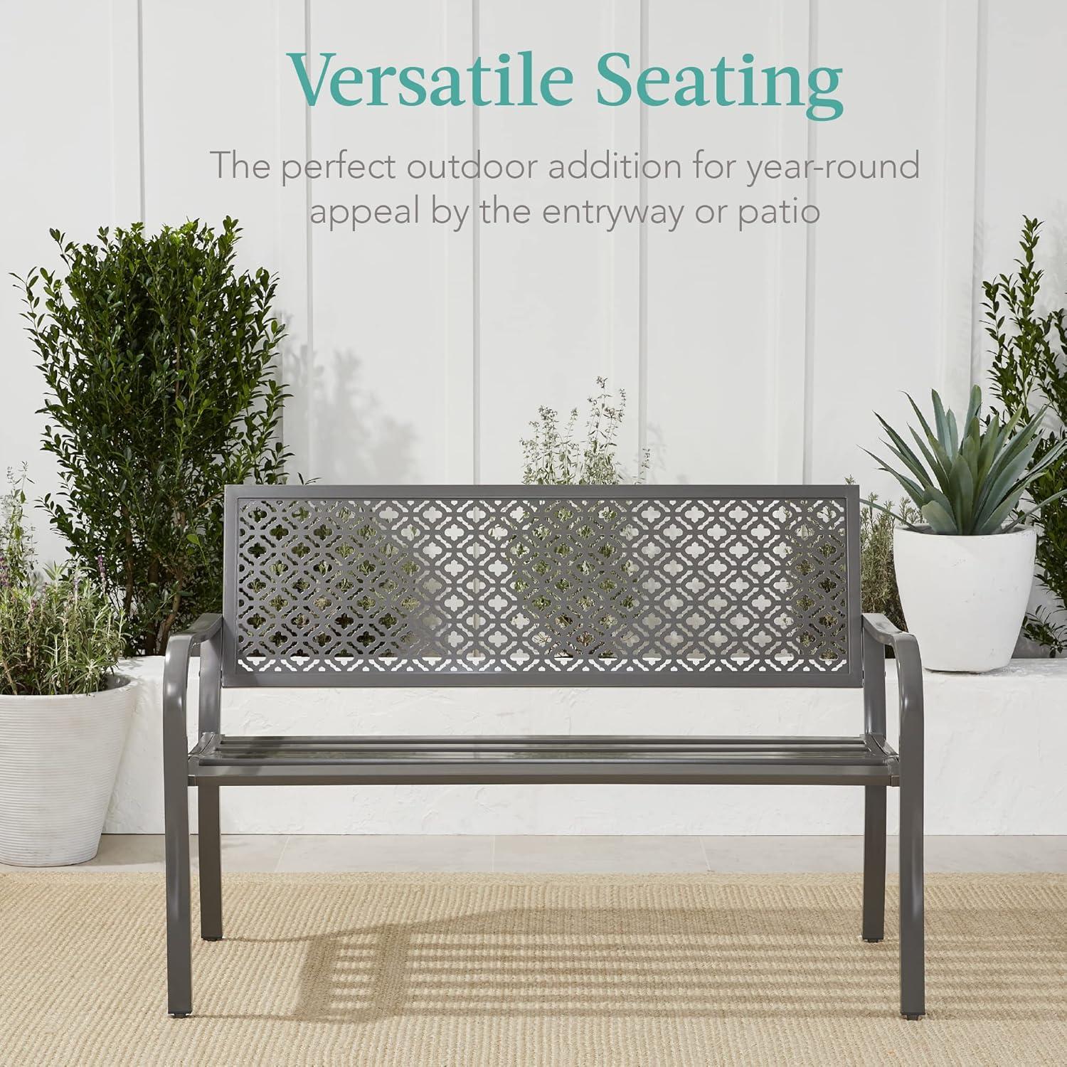 Red Barrel Studio® 2-Person Outdoor Metal Bench with Geometric Backrest, 790lb Capacity, for Garden, Patio, and Entryway