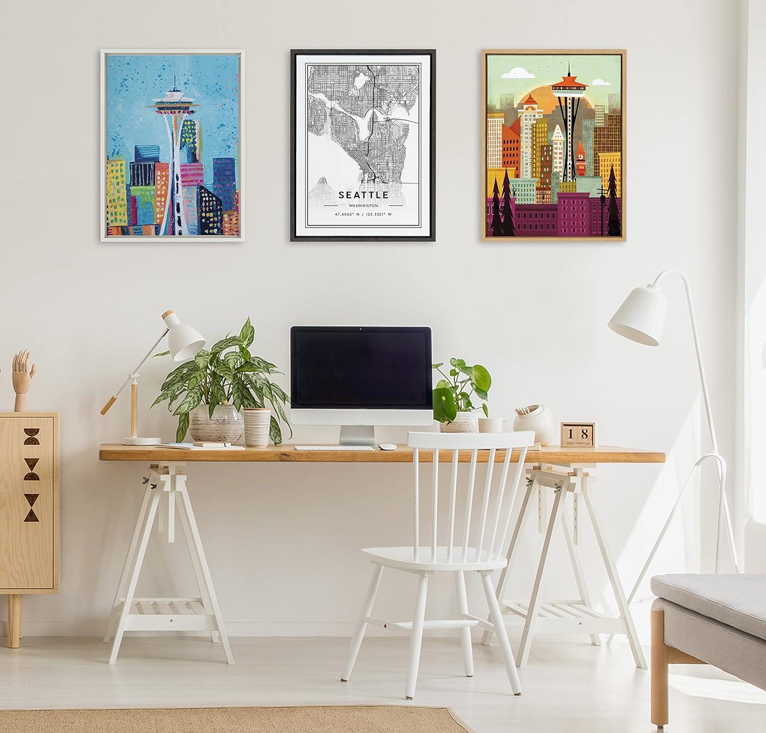 Kate and Laurel Sylvie Seattle Skyline Framed Canvas Wall Art by Amber Leaders Designs, 18x24 Natural, Fun Illustrated City Skyline Art for Wall