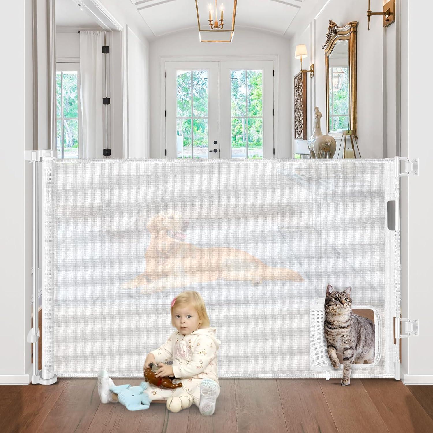 Retractable Baby Gate with Pet Door 55" Wide Retractable Dog Gate with Door Doorway Gate with Cat Door Child Gate with Cat Door Toddler Gate Outdoor Gates for Decks Mesh Baby Gate for Stairs Pet Gate