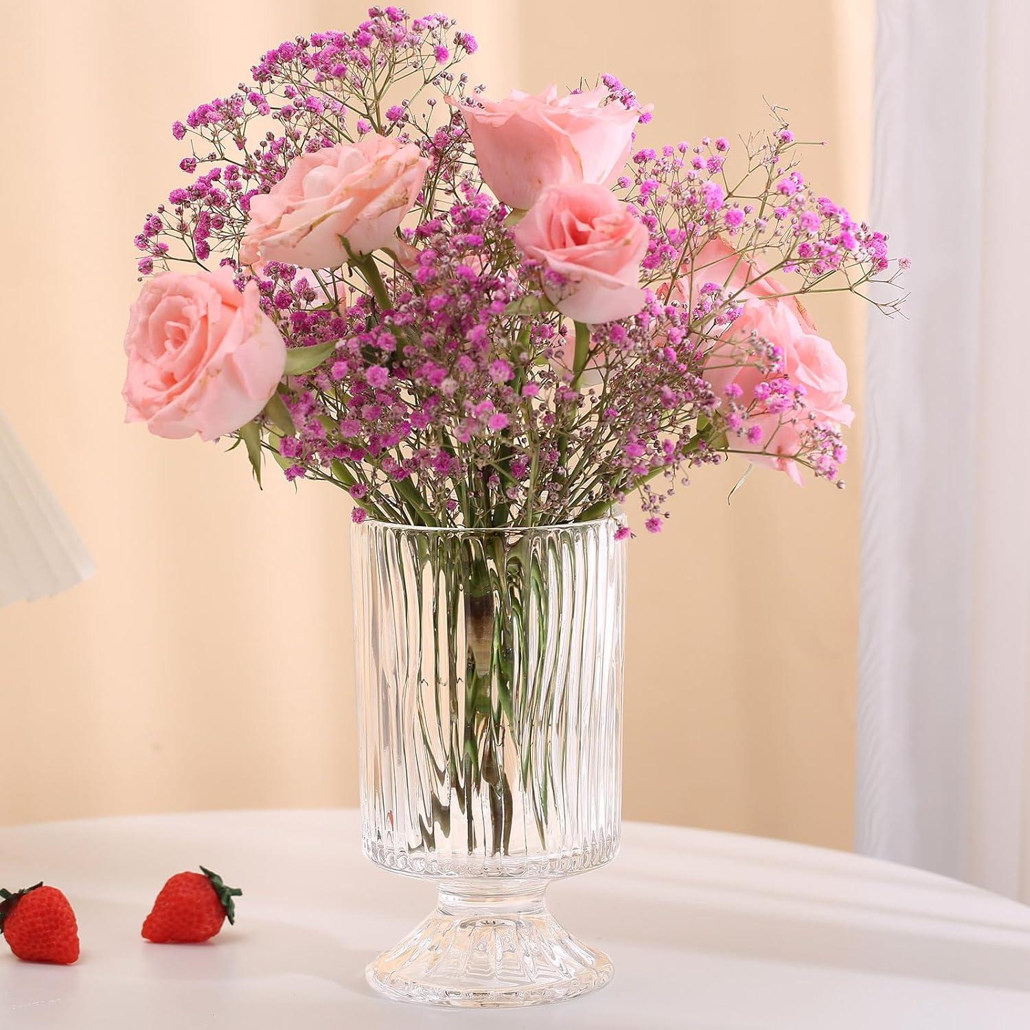 7 Inch Modern Glass Vase with Embossed Ribbed Base - Clear Hydroponic Design for Home Decor, Weddings Party Living Room, Dining Table Floral Arrangement Centerpiece